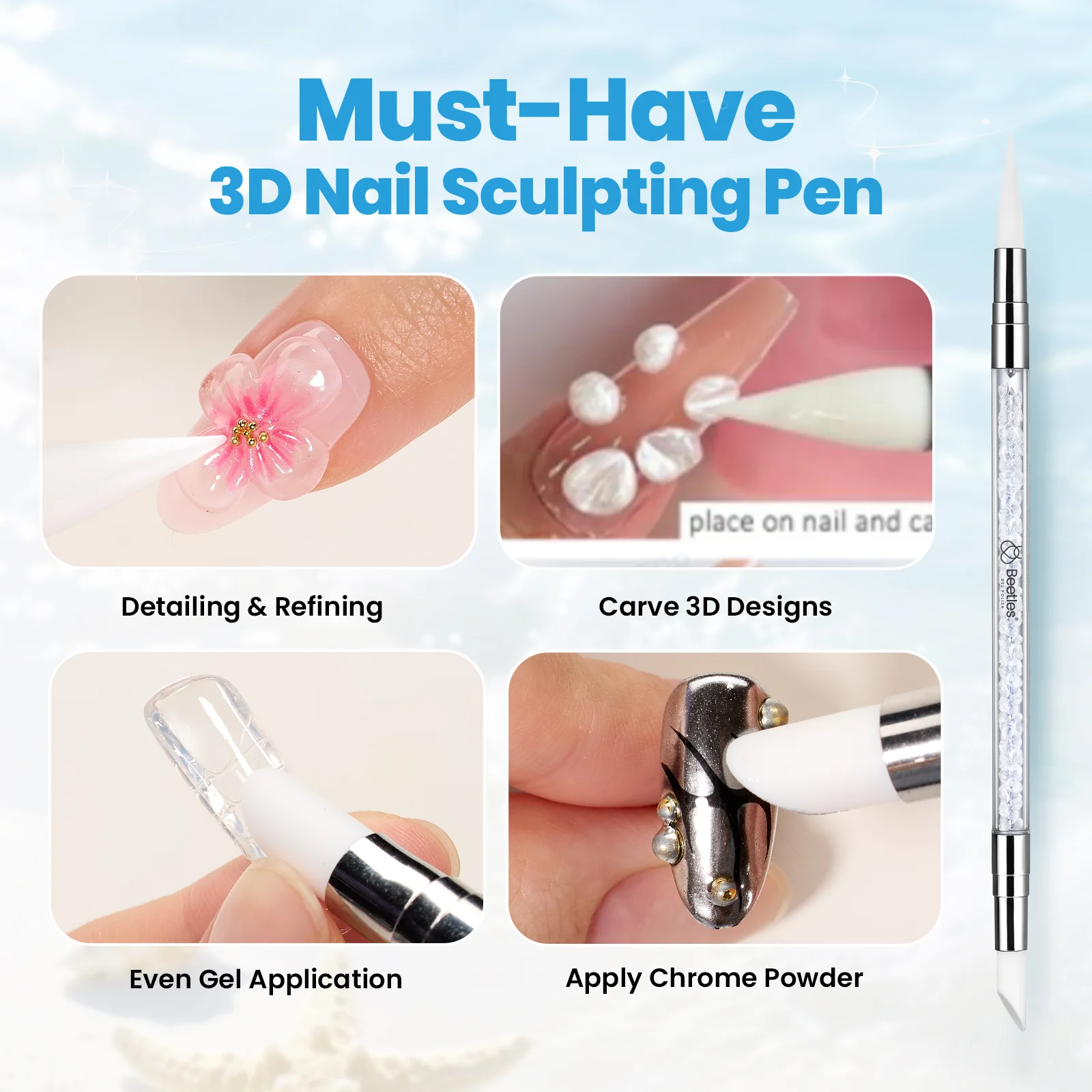 Beetles 3D Gel Nail Art with 3D Mold-2 Pcs Sandy Glow Clear and White Solid Builder Gels for Summer Nails Non-Sticky Sculpting with Dual-Ended Sculpture Pen UV LED Lamp Needed - Image 6