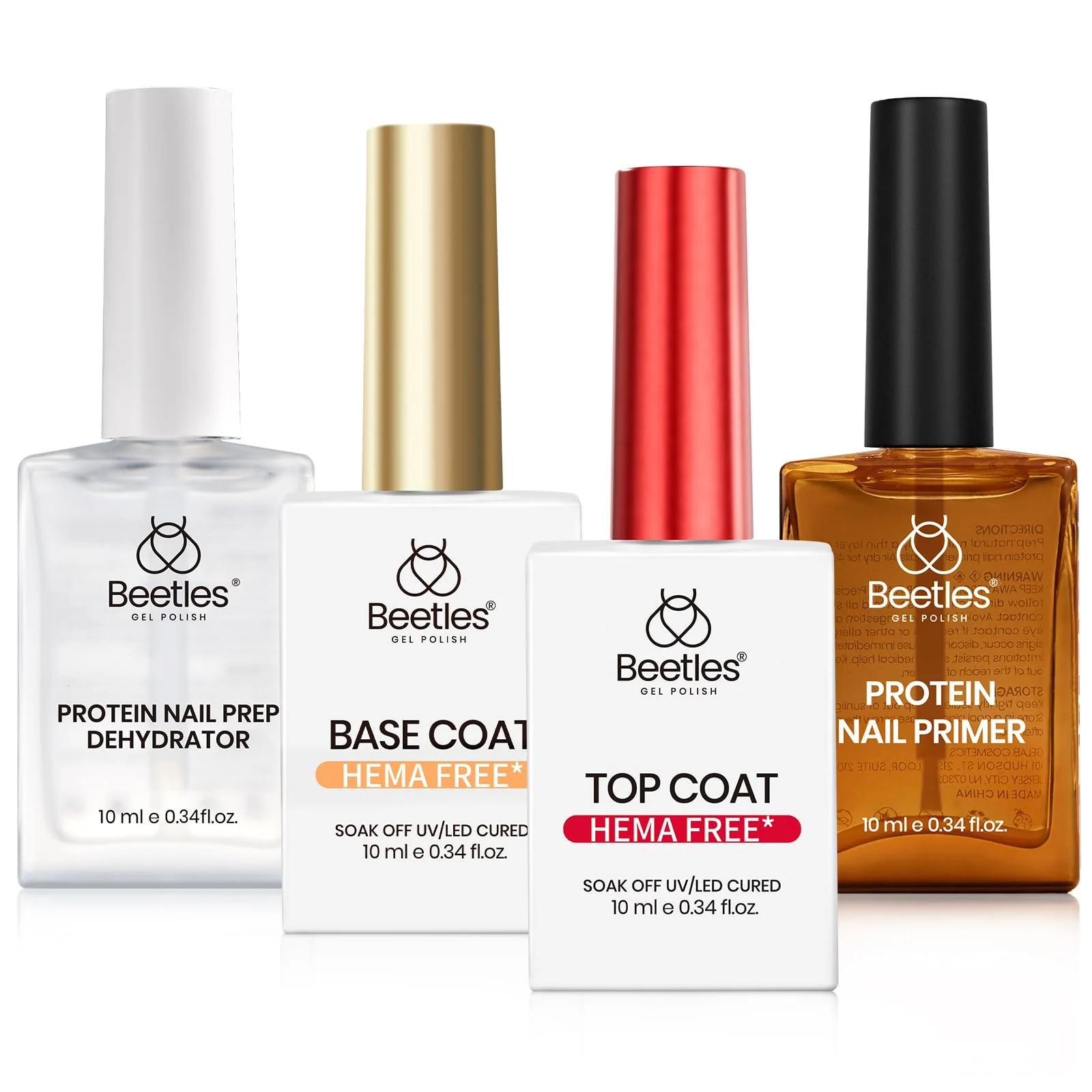 Beetles 4 Pcs Triple-Free Formula Protein Nail Prep Dehydrator & Primer Set Gel Top Coat and Base Coat