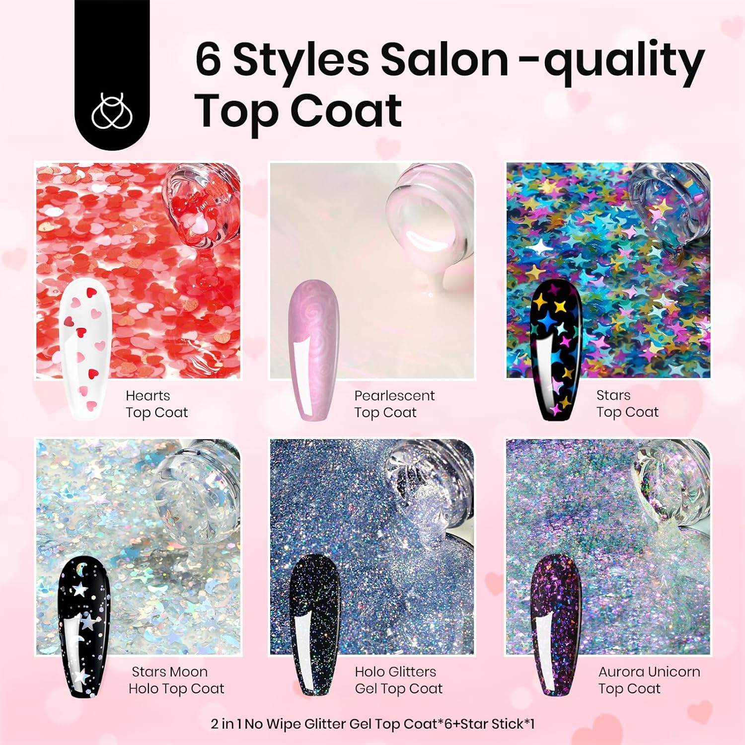 Beetles 6 Pcs Heart Star Reflective Glitter Gel Top Coat Set - Image 2