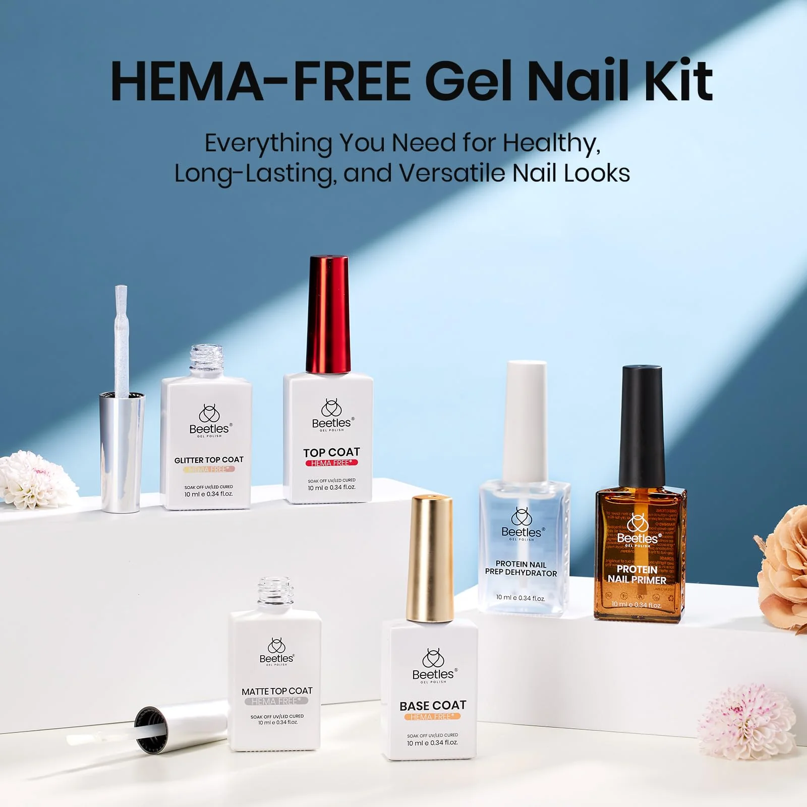 Beetles 6 Pcs Hema-Free Protein Nail Prep Dehydrator & Primer with Matte and Glitter Gel Top Coat and Base Set - Image 8