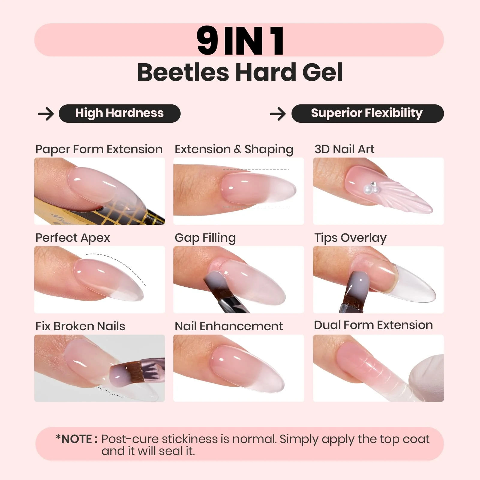 Beetles 9 IN 1 HEMA Free 2 Colors Hard Gel For Nail Extension & Nail with Flat Nail Brush High Hardness Nails - Image 3