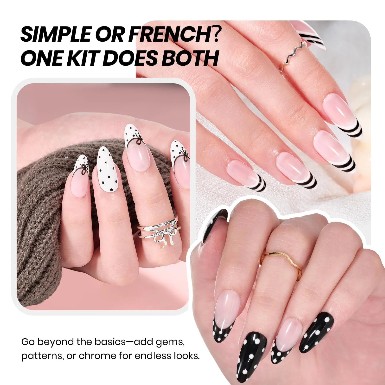 Beetles Black White Gel Polish Kit - Ink Snow Twins Collection, 4pc 10ML French Nail Kit Hema-Free Black and White Colors - Image 4
