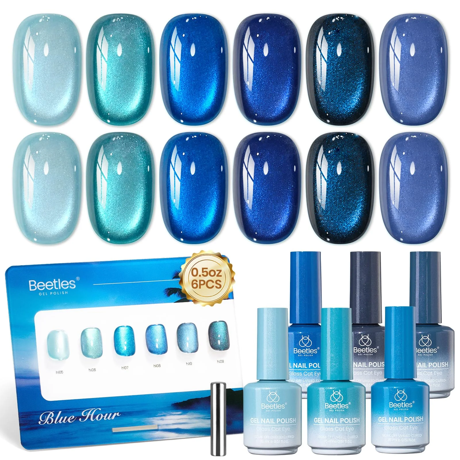 Beetles Blue Hour 6 Colors Cat Eye Gel Nail Polish Set 15ML Full Size Glass Cat Eye Magnetic Effect