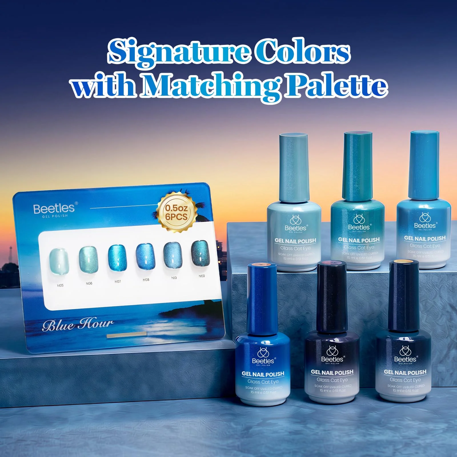 Beetles Blue Hour 6 Colors Cat Eye Gel Nail Polish Set 15ML Full Size Glass Cat Eye Magnetic Effect - Image 2