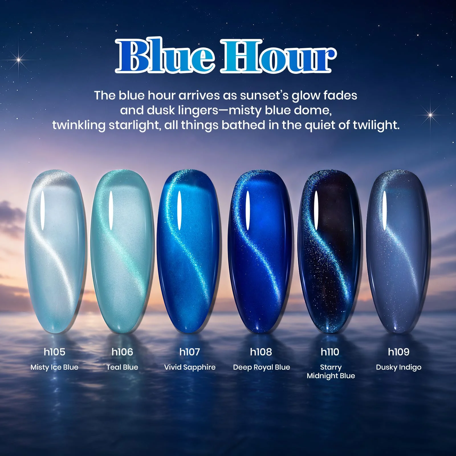 Beetles Blue Hour 6 Colors Cat Eye Gel Nail Polish Set 15ML Full Size Glass Cat Eye Magnetic Effect - Image 3