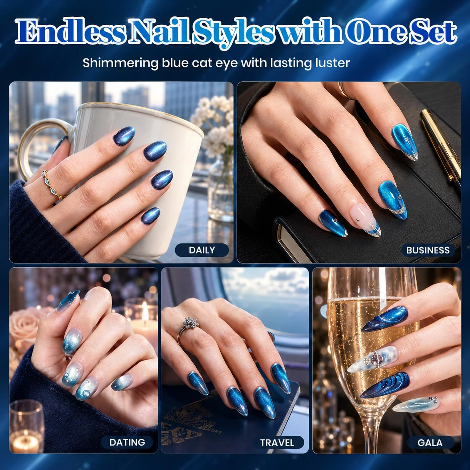 Beetles Blue Hour 6 Colors Cat Eye Gel Nail Polish Set 15ML Full Size Glass Cat Eye Magnetic Effect - Image 7