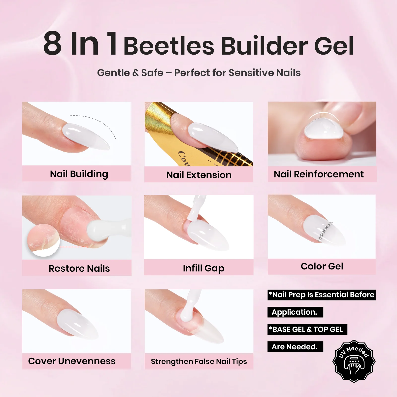 Beetles Builder Gel for Nails HEMA-Free,0.5 oz 8 in 1 White Glitter Builder Nail Gel for Thickening Apex Building Strengthener Extension LED/UV Lamp Galaxy Whispers Color DIY Salon for Begginer - Image 2
