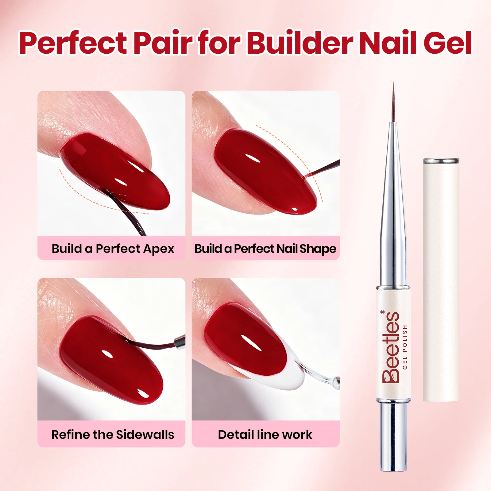 Beetles Builder Gel Nail Kit HEMA & TPO-Free, Crystal Rose Red with Nail Art Brush, 8 in 1 for Building Strengthening & Extension, Beginner Friendly DIY Salon at Home, UV LED Lamp Needed - Image 6