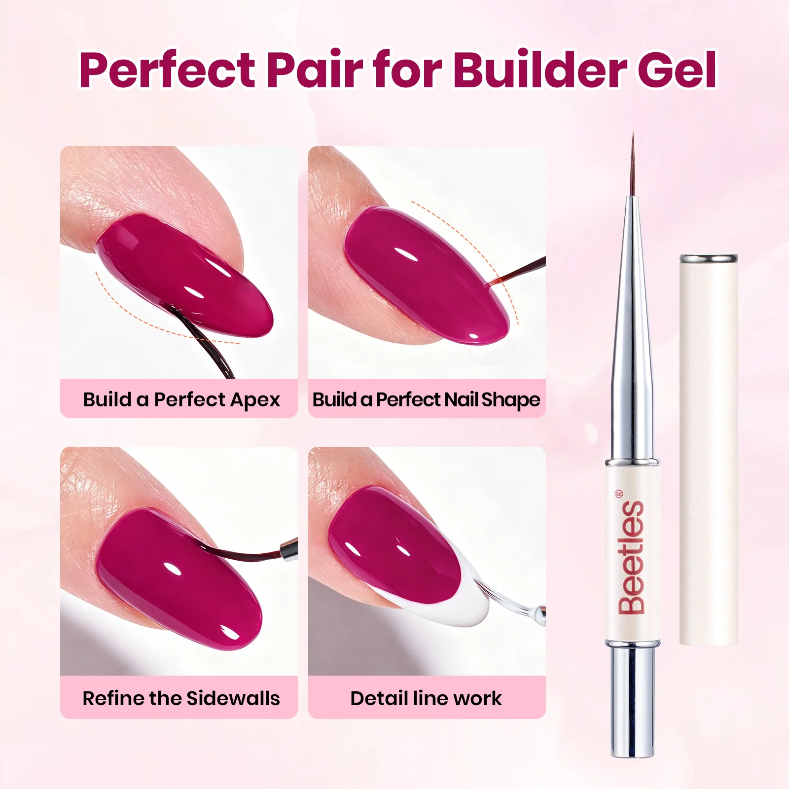 Beetles Builder Gel Nail Kit HEMA & TPO-Free, Rose Fuchsia Magenta with Nail Art Brush, 8 in 1 for Building Strengthening & Extension, Beginner Friendly DIY Salon at Home, UV LED Lamp Needed - Image 6