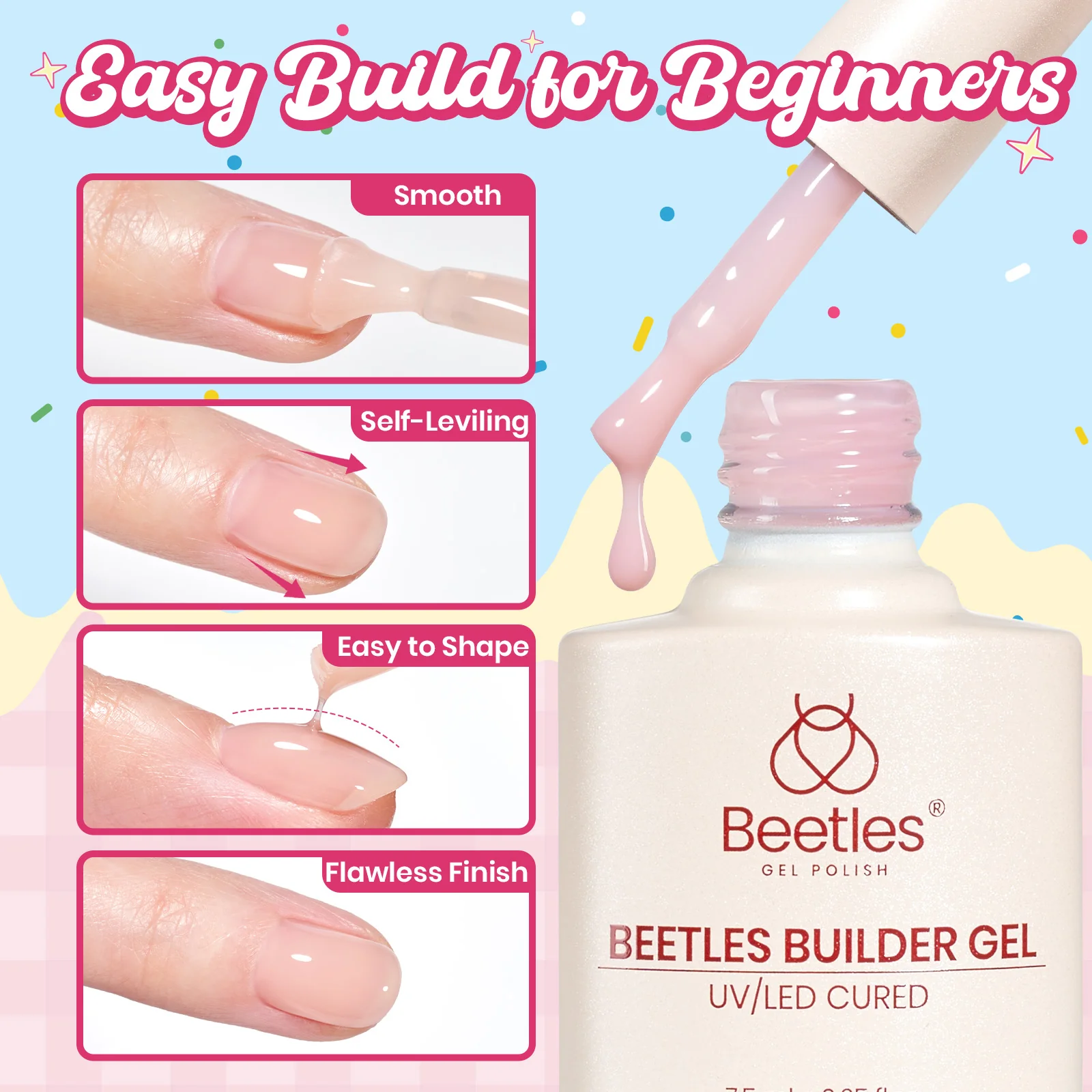 Beetles Builder Gel Nail Kit,Juicy Tint 6 Colors Jelly Pink Nude Builder Gels Apex Thickening Extension Strengthen Weak Nails for Beginners DIY Salon,Spring Nails at Home,UV & LED Lamp Needed - Image 7