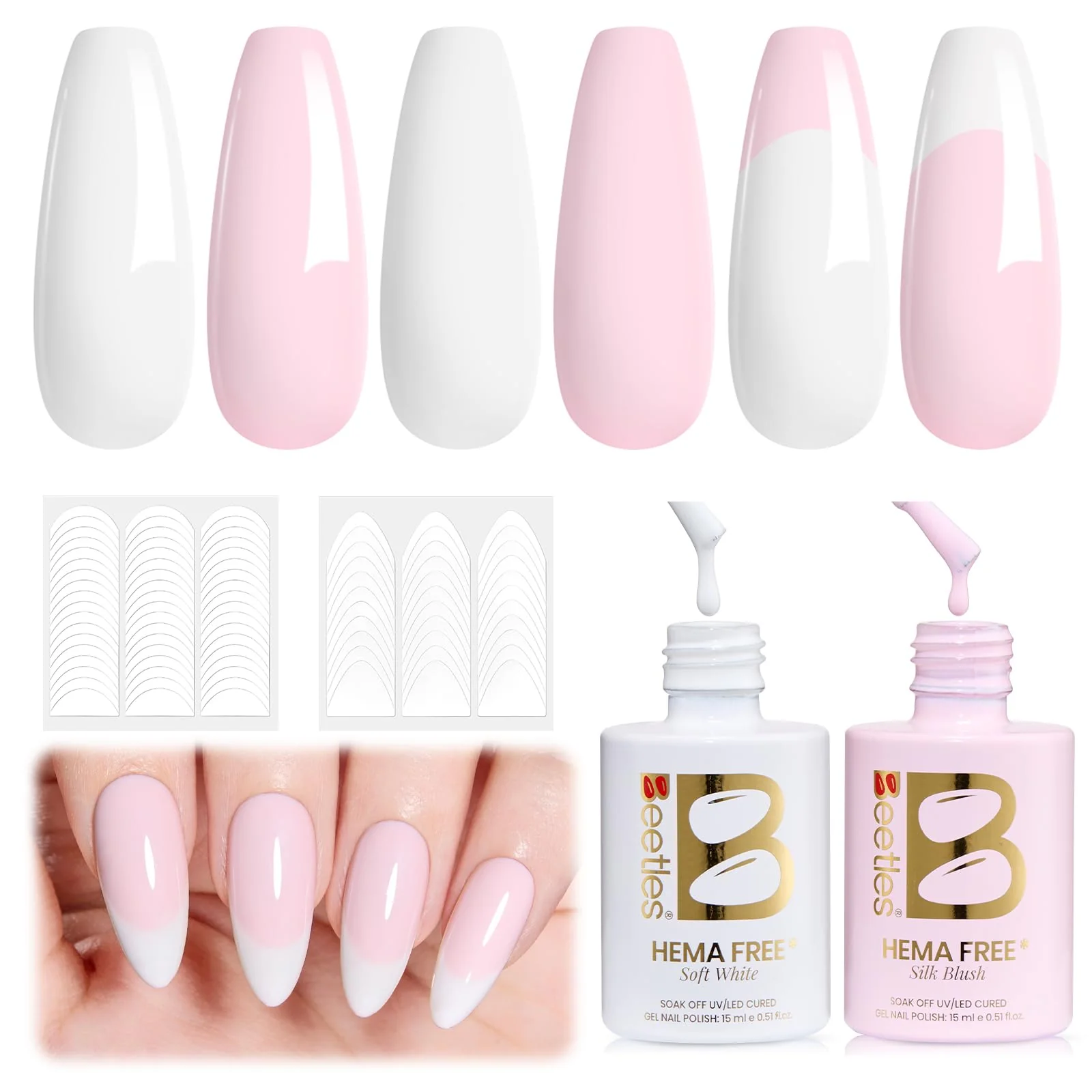 Beetles French Tip Gel Polish - Blush Moonlight 15ML with French Tip Stickers Hema Free