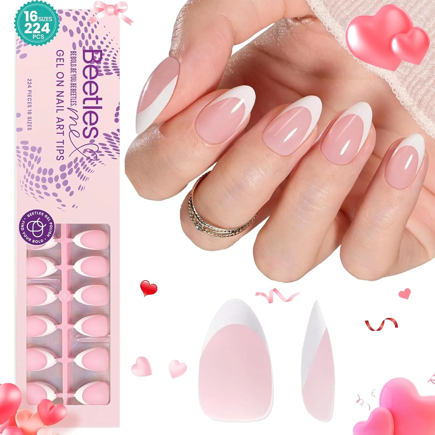 Beetles French Tips Press on Nails,224 pcs Short Almond Beetles Nail Tips,16 Size Extra Short Press on Nails Fake Nails DIY Salon for Women