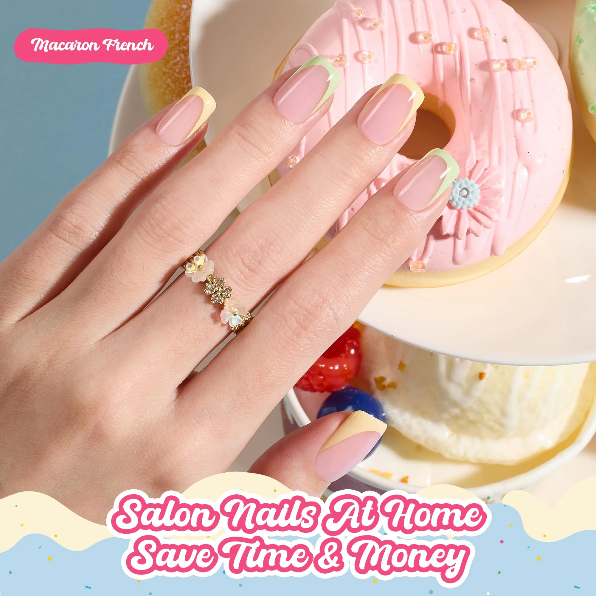 Beetles French Tips Press On Nails, Pastel Nails Short Square 6 Colors 192 Pcs  Fake Nail Tips - Image 3