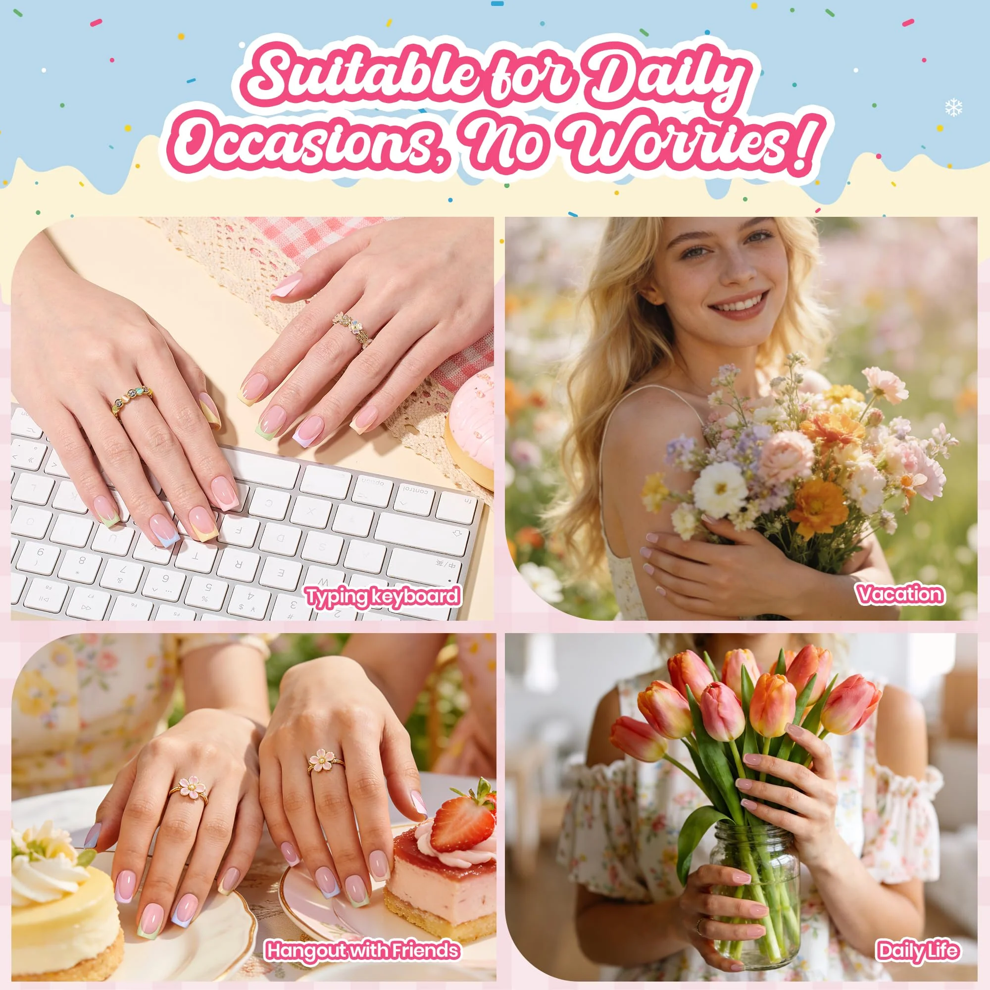 Beetles French Tips Press On Nails, Pastel Nails Short Square 6 Colors 192 Pcs  Fake Nail Tips - Image 9