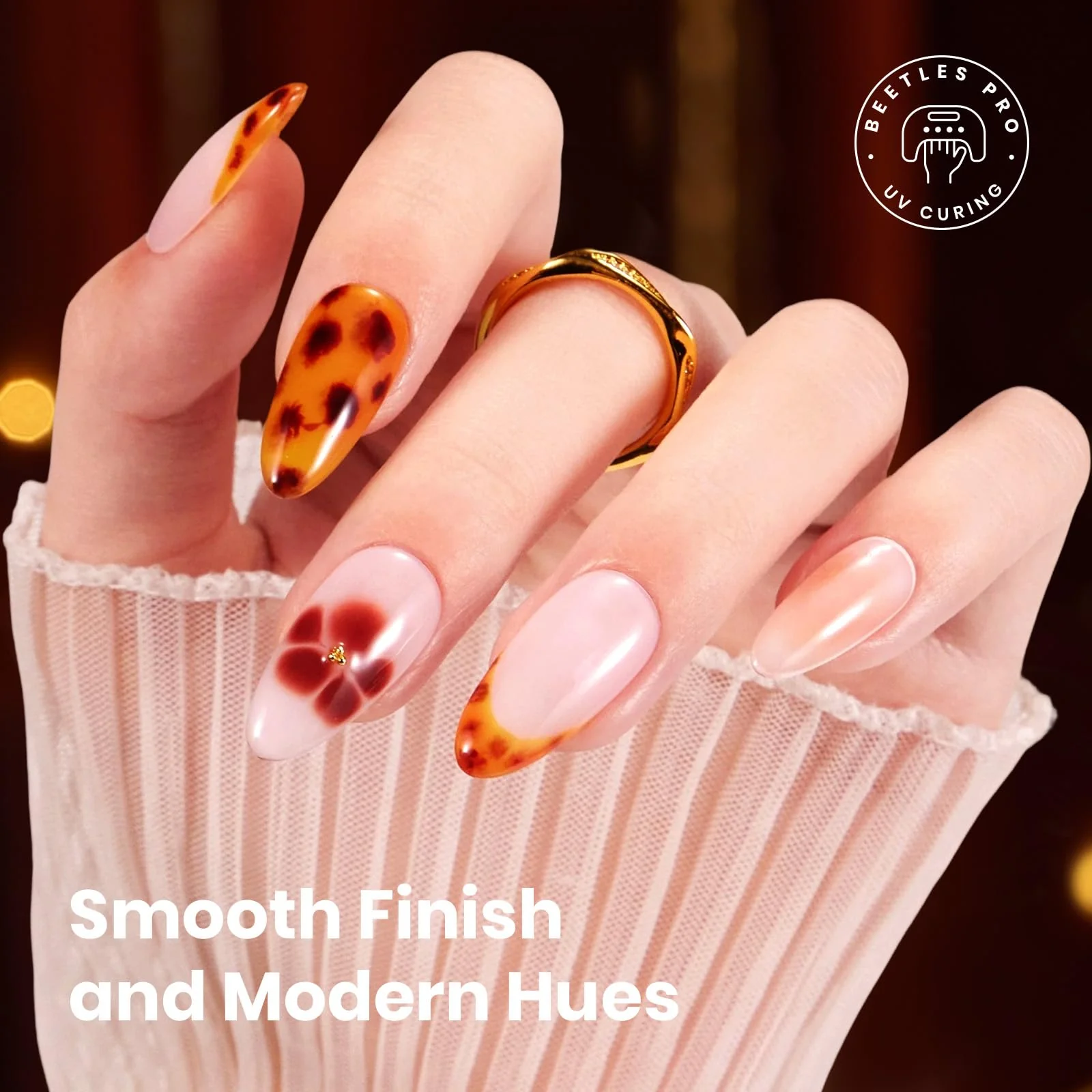 Beetles Gel Nail Polish Amber Traces 5 Colors Set 15ML White Jelly Nude Brown with 1 Bottle Blooming Gel - Image 3