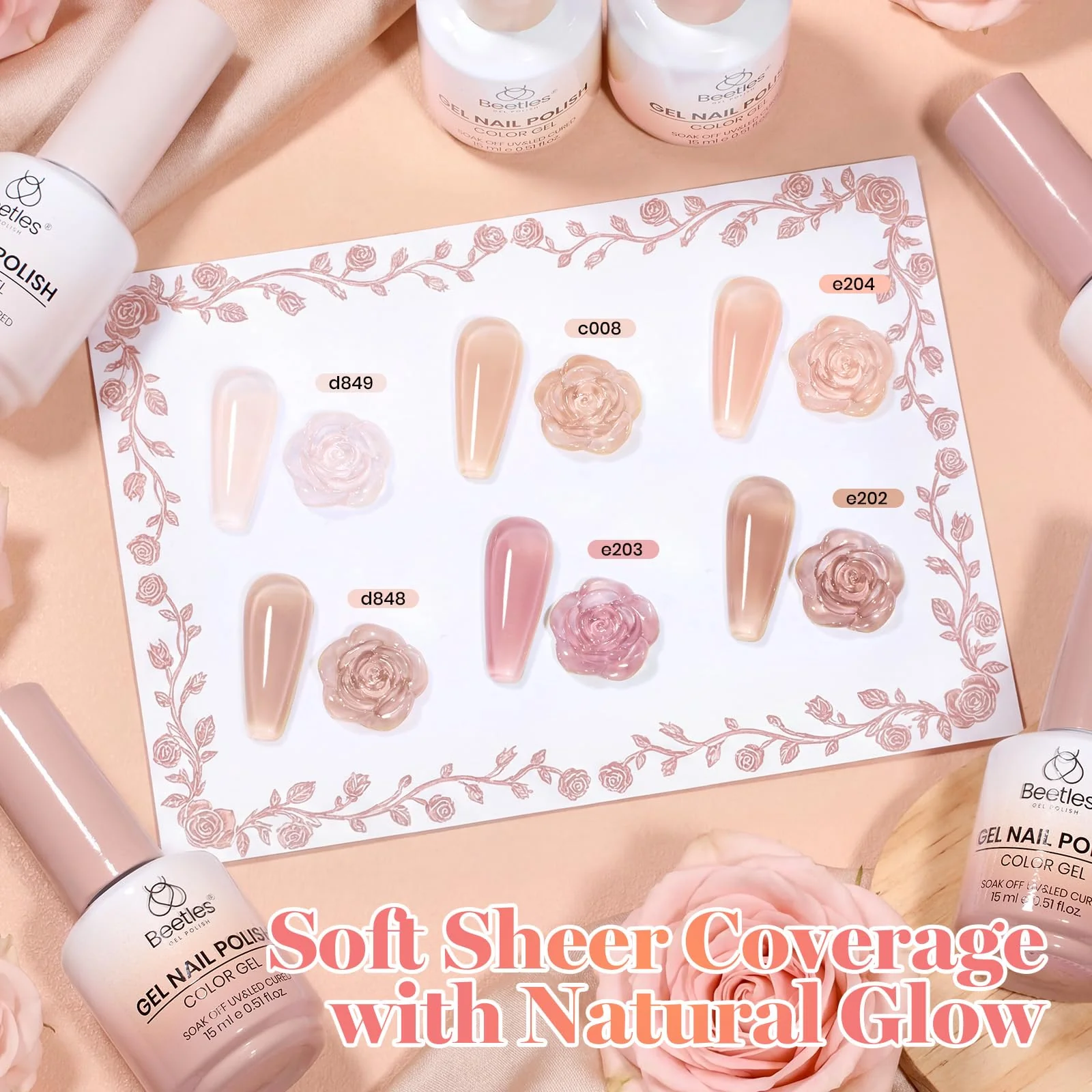 Beetles Gel Nail Polish Earthy Rose  6 Colors 15ML Nude Pink Brown Neutral Jelly Summer Nails Gel Polish Kit - Image 7