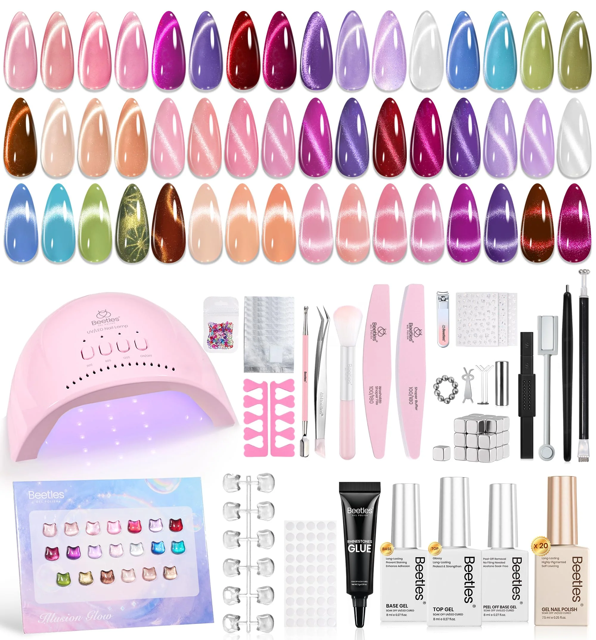 Beetles Gel Nail Starter Kit Illusion Glow Cat Eye Summer Nails 96Pcs 20 Colors With UV Light All-in-One Mani Kit
