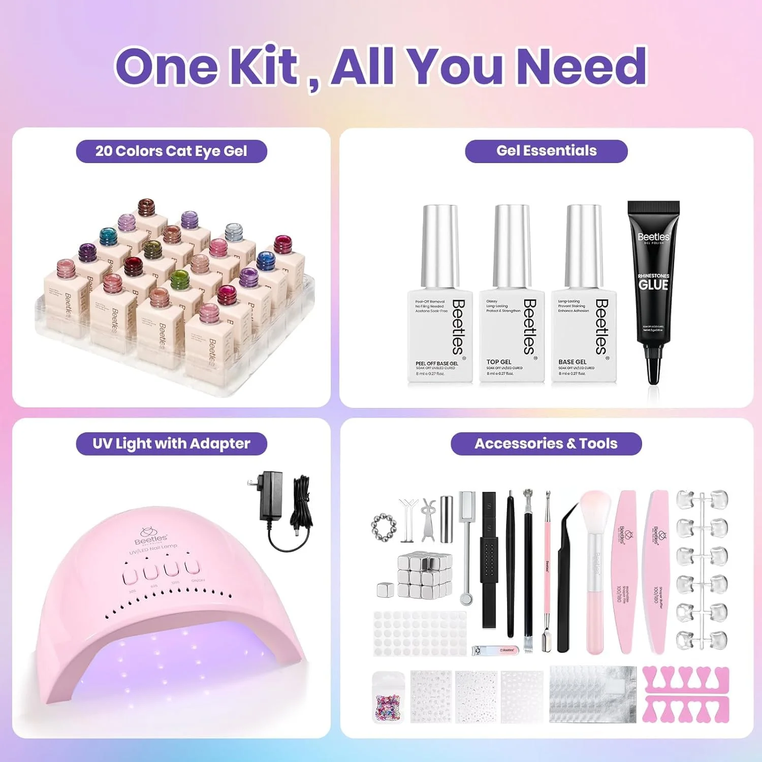 Beetles Gel Nail Starter Kit Illusion Glow Cat Eye Summer Nails 96Pcs 20 Colors With UV Light All-in-One Mani Kit - Image 2