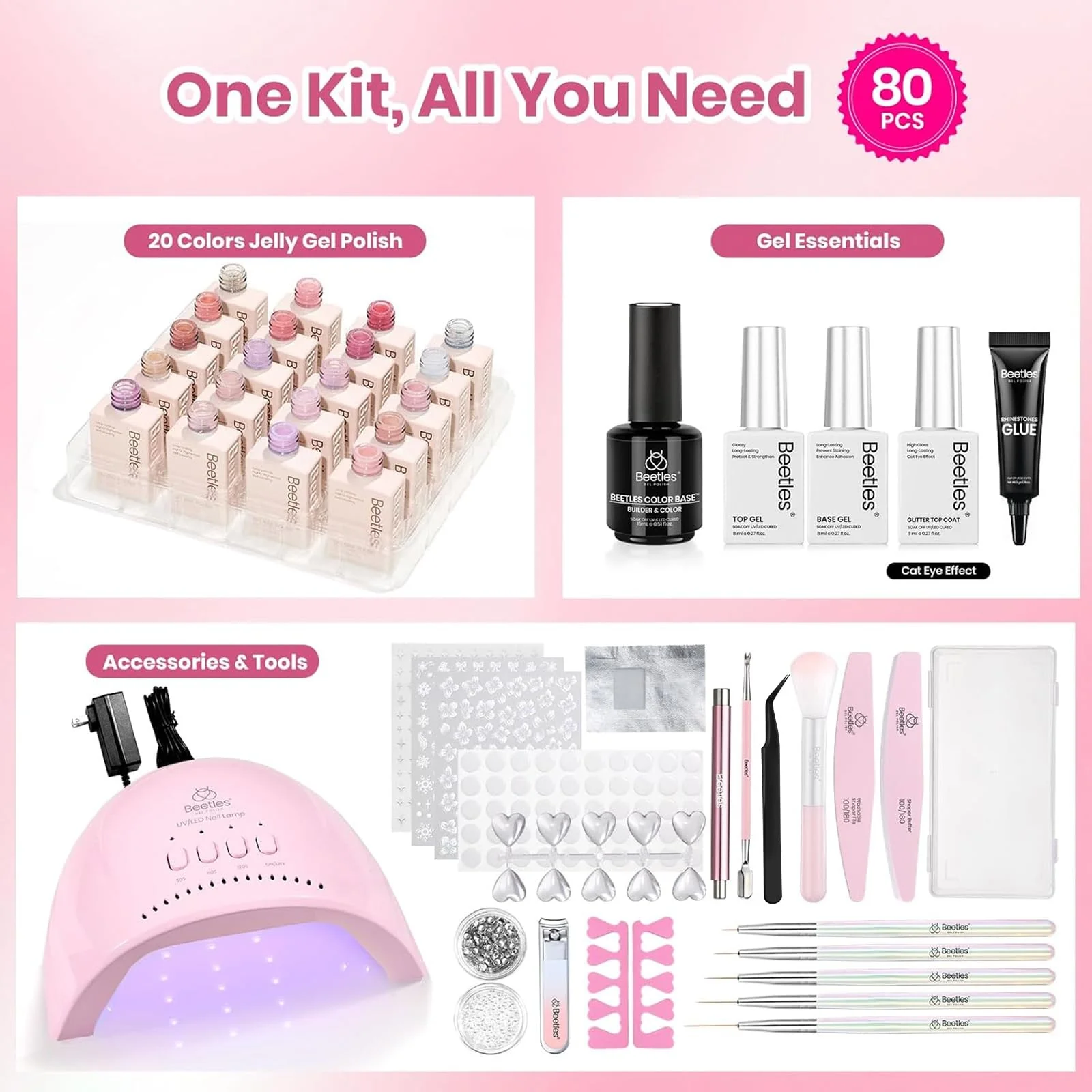 Beetles Gel Nail Starter Kit Sheer Daylight Cat Eye Summer Nails 80Pcs 20 Colors Jelly Gel Nude Red Purple Glitter All-in-One Mani Kit - Image 2