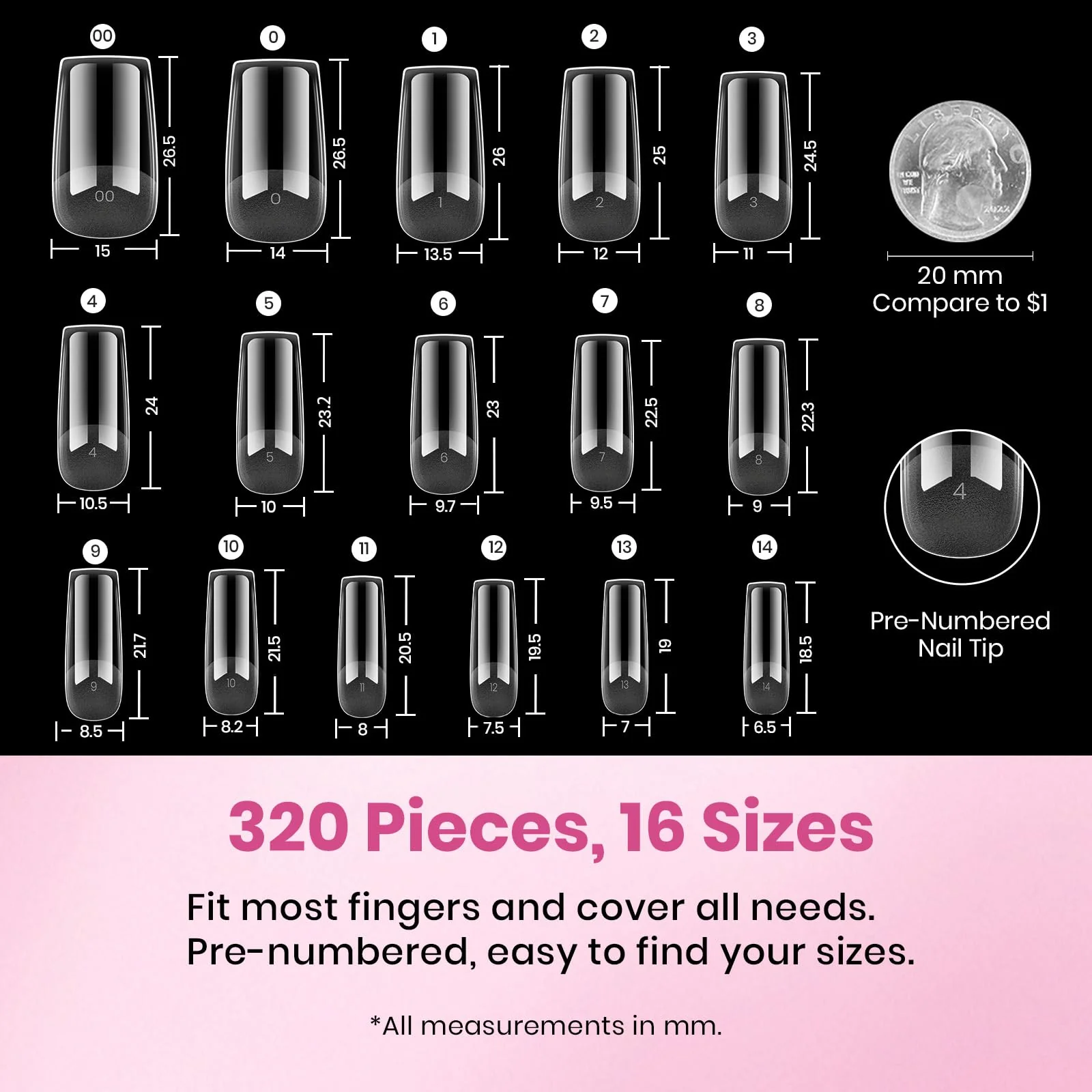 Beetles Gel Nail Tips Flat-X- Square Medium 320pcs 16 Sizes(00-14) Pre-Etched Half Matte Full Cover Soft Gel Tips - Image 4