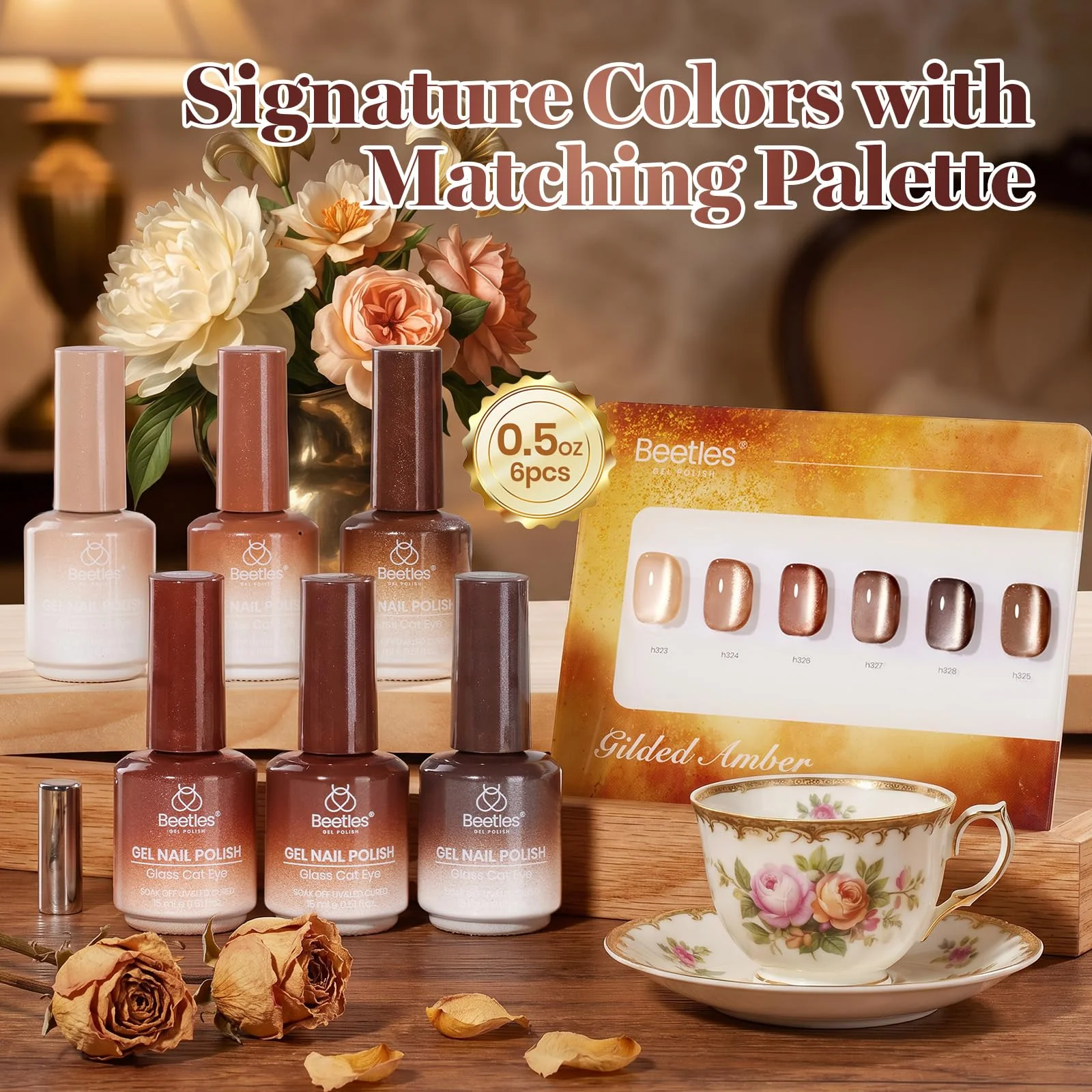 Beetles Gilded Amber Brown Cat Eye 6 Colors 15ML Gel Nail Polish Set Fall Winter Nails - Image 2