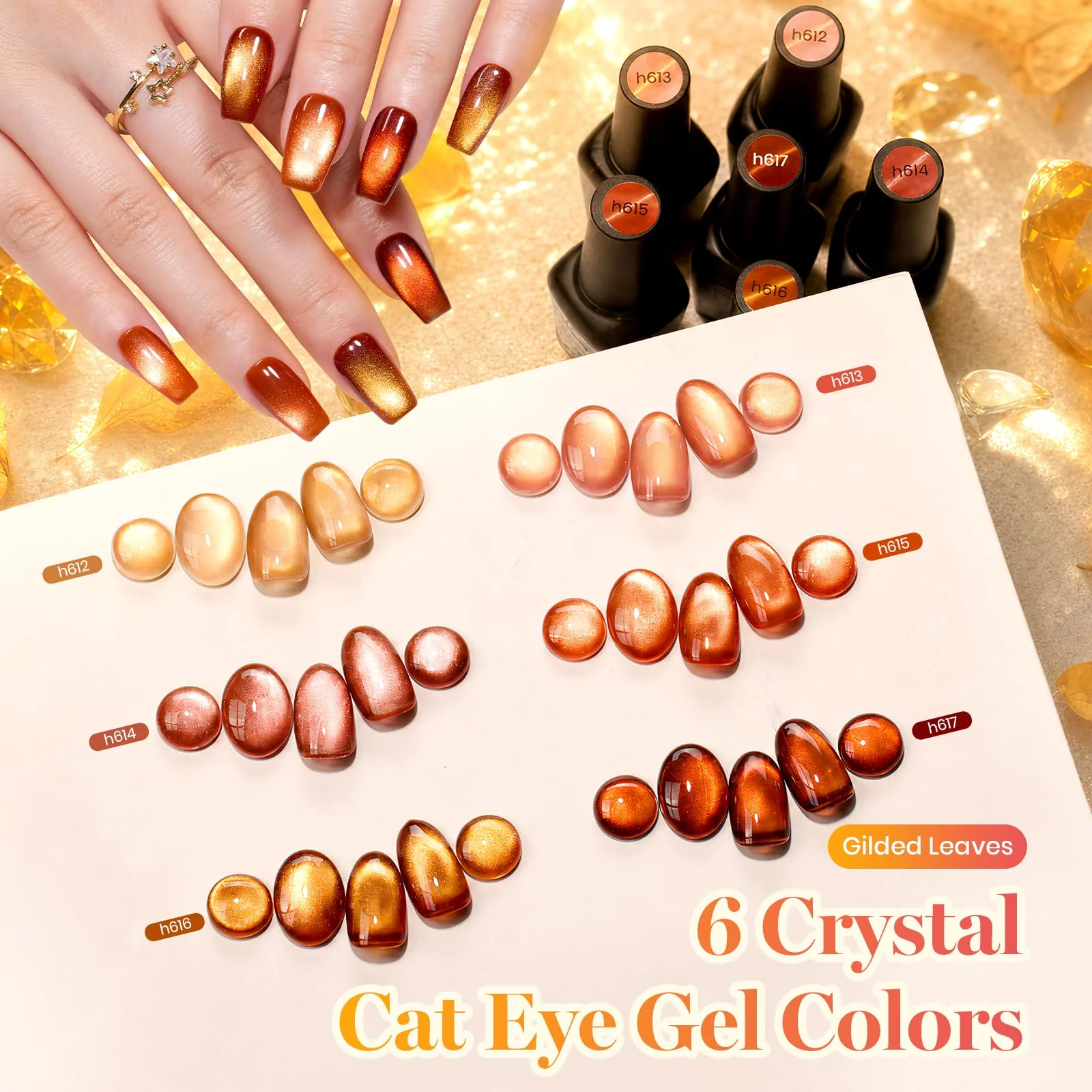 Beetles Gilded Leaves Amber Brown Gold Cat Eye 6 Colors Gel Nail Polish Set Fall Nails - Image 2