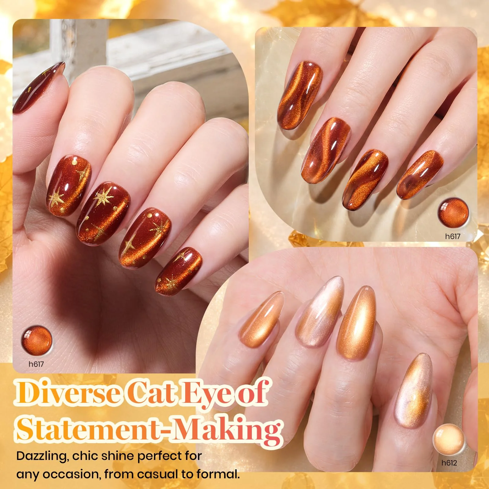 Beetles Gilded Leaves Amber Brown Gold Cat Eye 6 Colors Gel Nail Polish Set Fall Nails - Image 5