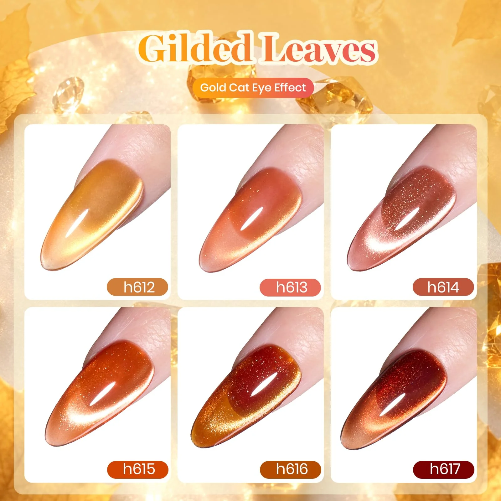 Beetles Gilded Leaves Amber Brown Gold Cat Eye 6 Colors Gel Nail Polish Set Fall Nails - Image 6