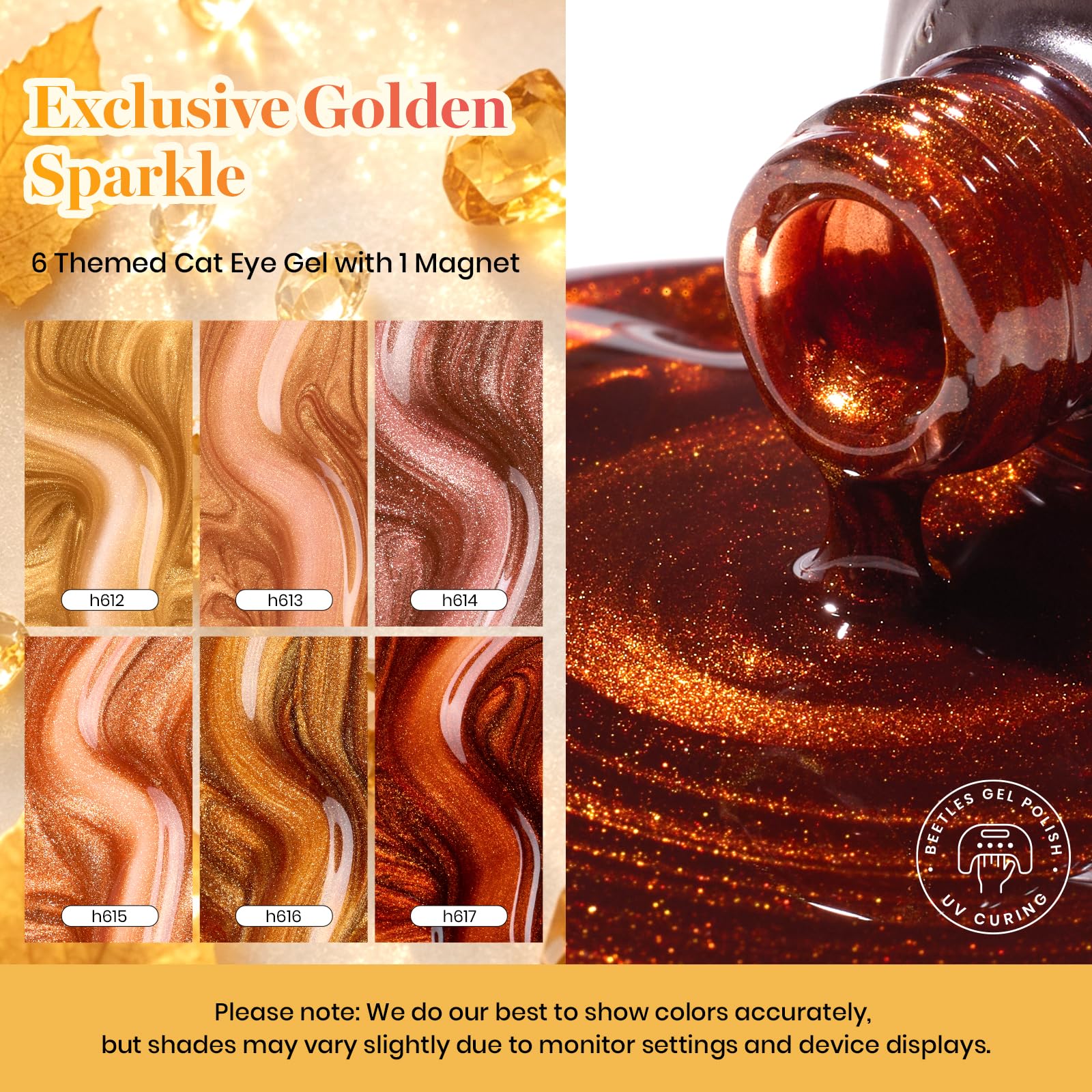 Beetles Gilded Leaves Amber Brown Gold Cat Eye 6 Colors Gel Nail Polish Set Fall Nails - Image 7