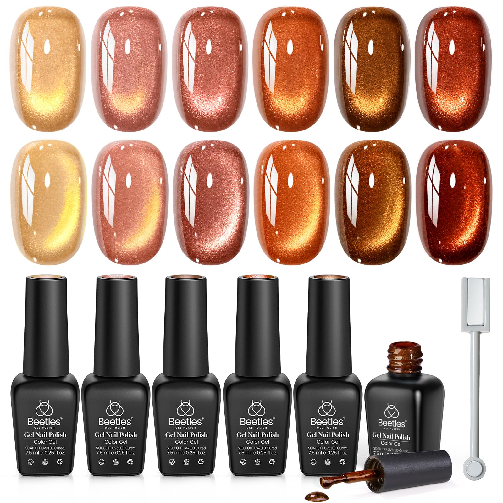 Beetles Gilded Leaves Amber Brown Gold Cat Eye 6 Colors Gel Nail Polish Set Fall Nails - Image 9