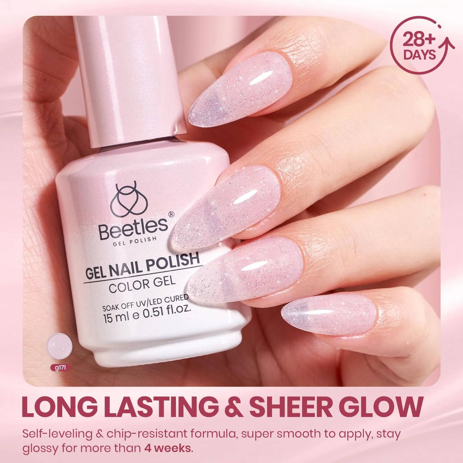 Beetles Glitter Pink Gel Nail Polish - 15ML Soft Glow Fragments Pink Nude Natural Glitter Gel Polish Nails - Image 4