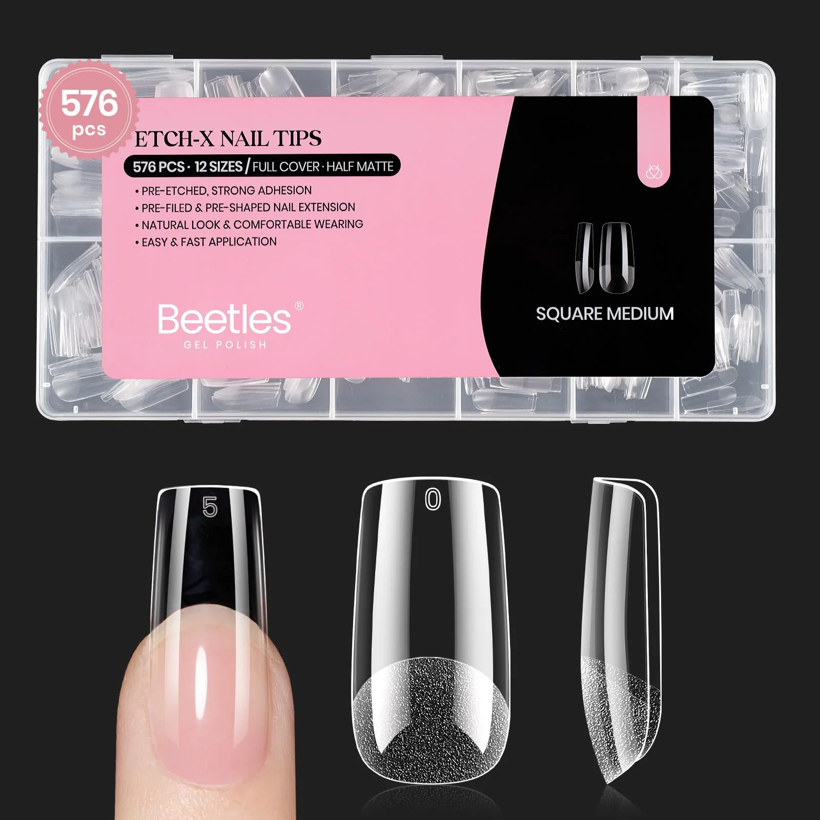 Beetles Nail Tips Medium Square 576Pcs 12 Sizes Pre-Etched Soft Acrylic Tips