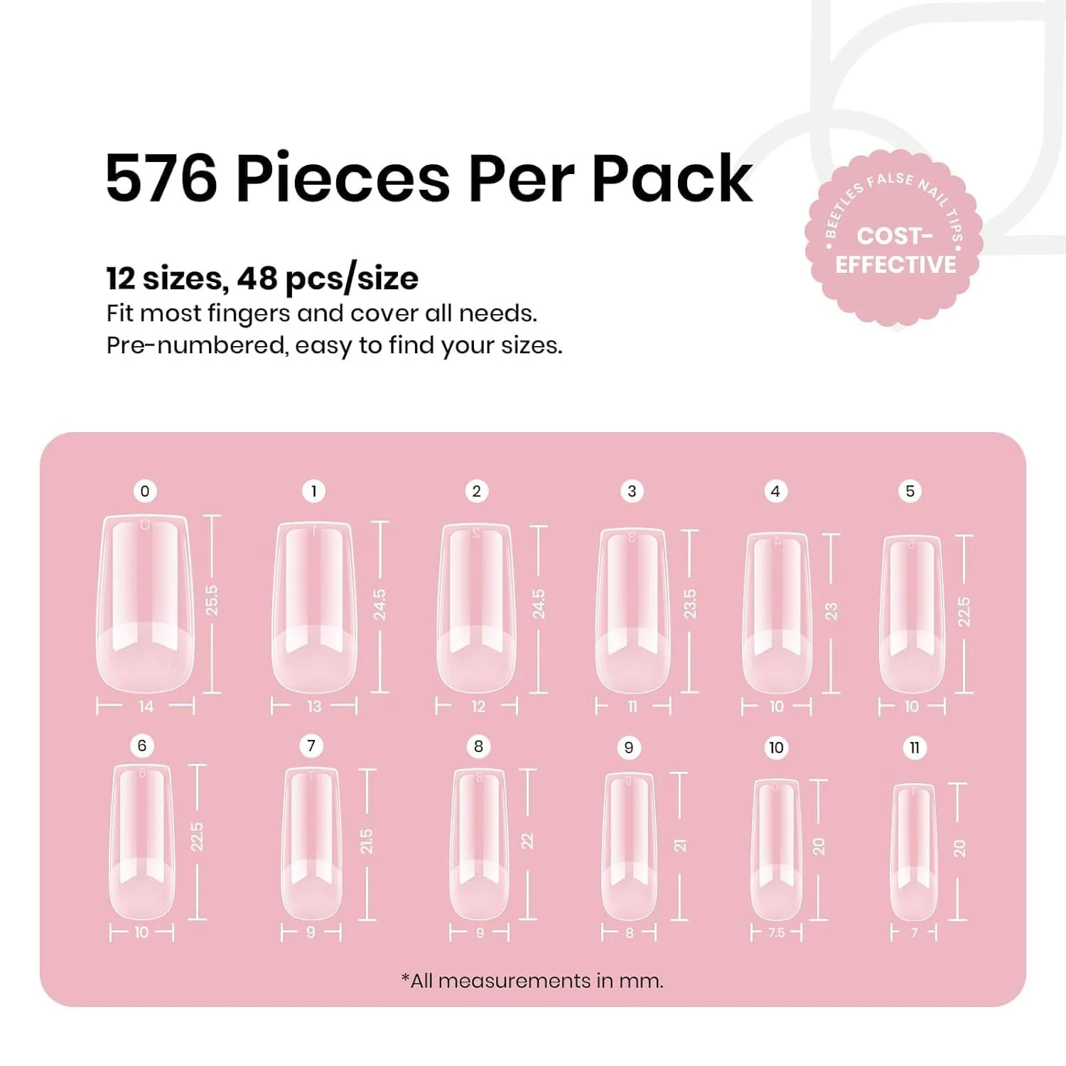 Beetles Nail Tips Medium Square 576Pcs 12 Sizes Pre-Etched Soft Acrylic Tips - Image 3