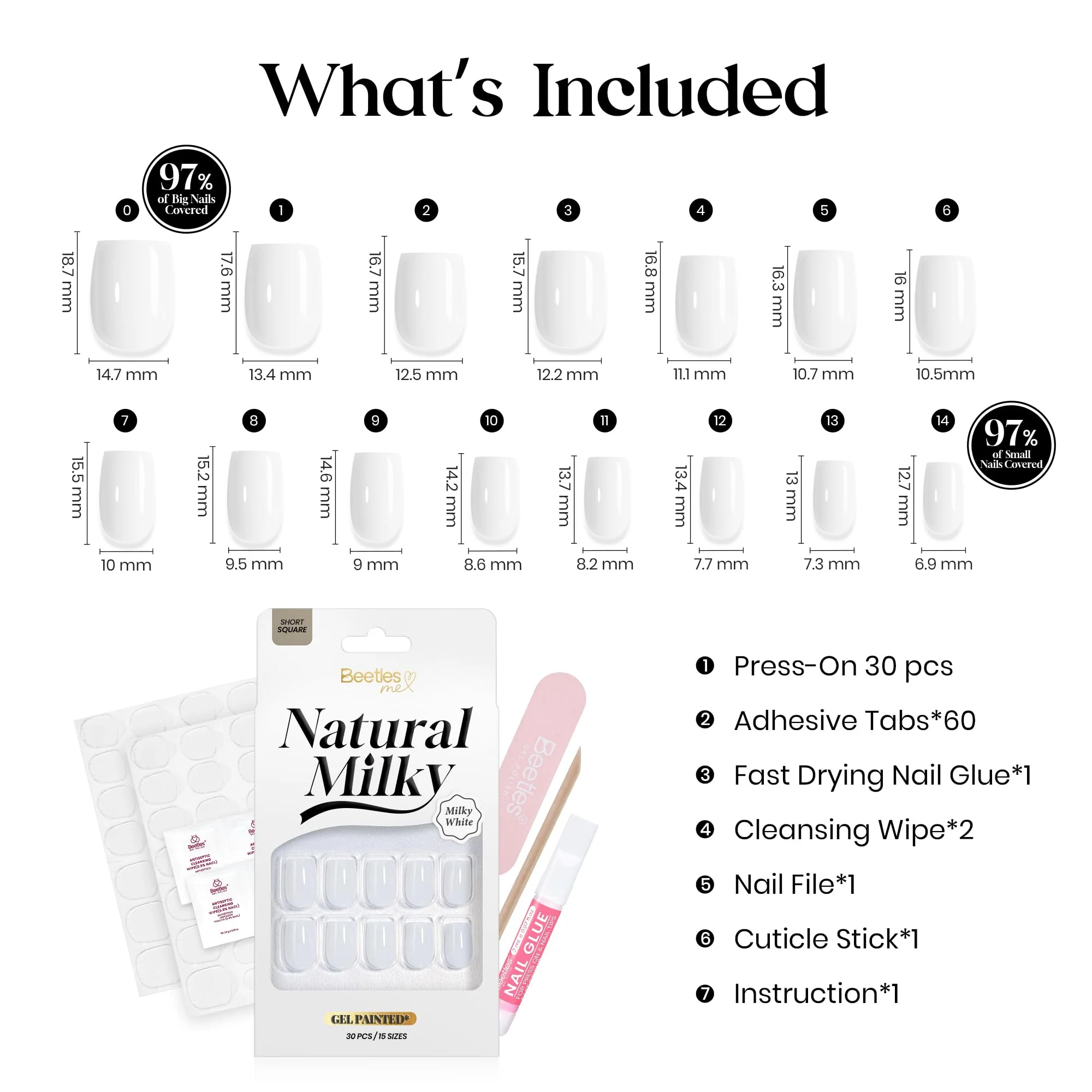 Beetles Natural Milky Press On Nails | Milky White Short Square 15 sizes-30Pcs - Image 7