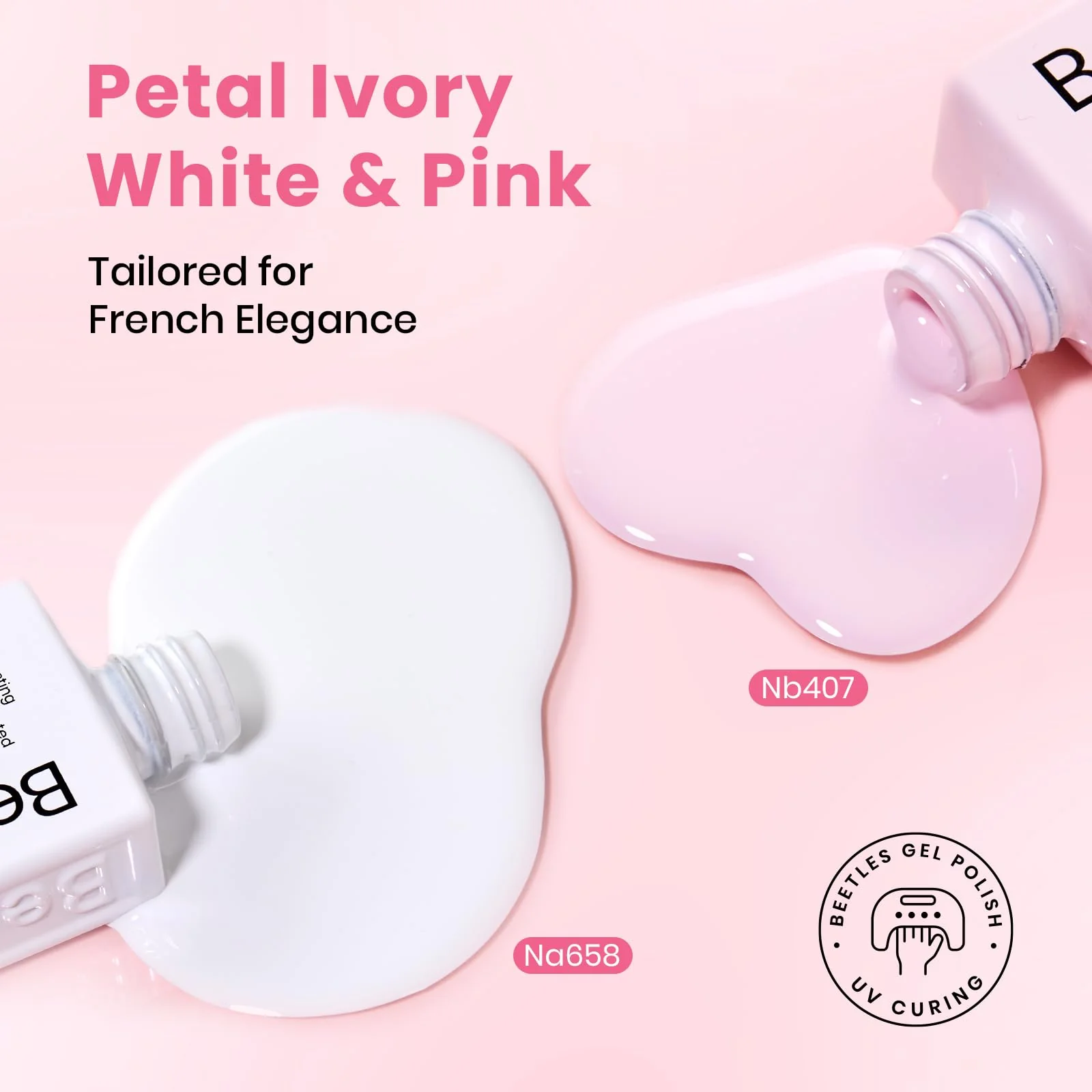 Beetles Pastel Gel Polish Set - Petal Ivory, 4Pcs White & Pink Gel Nail Polish with Base Coat Top Coat, Soak Off UV LED Lamp French Nails Art for Spring Nails - Image 2