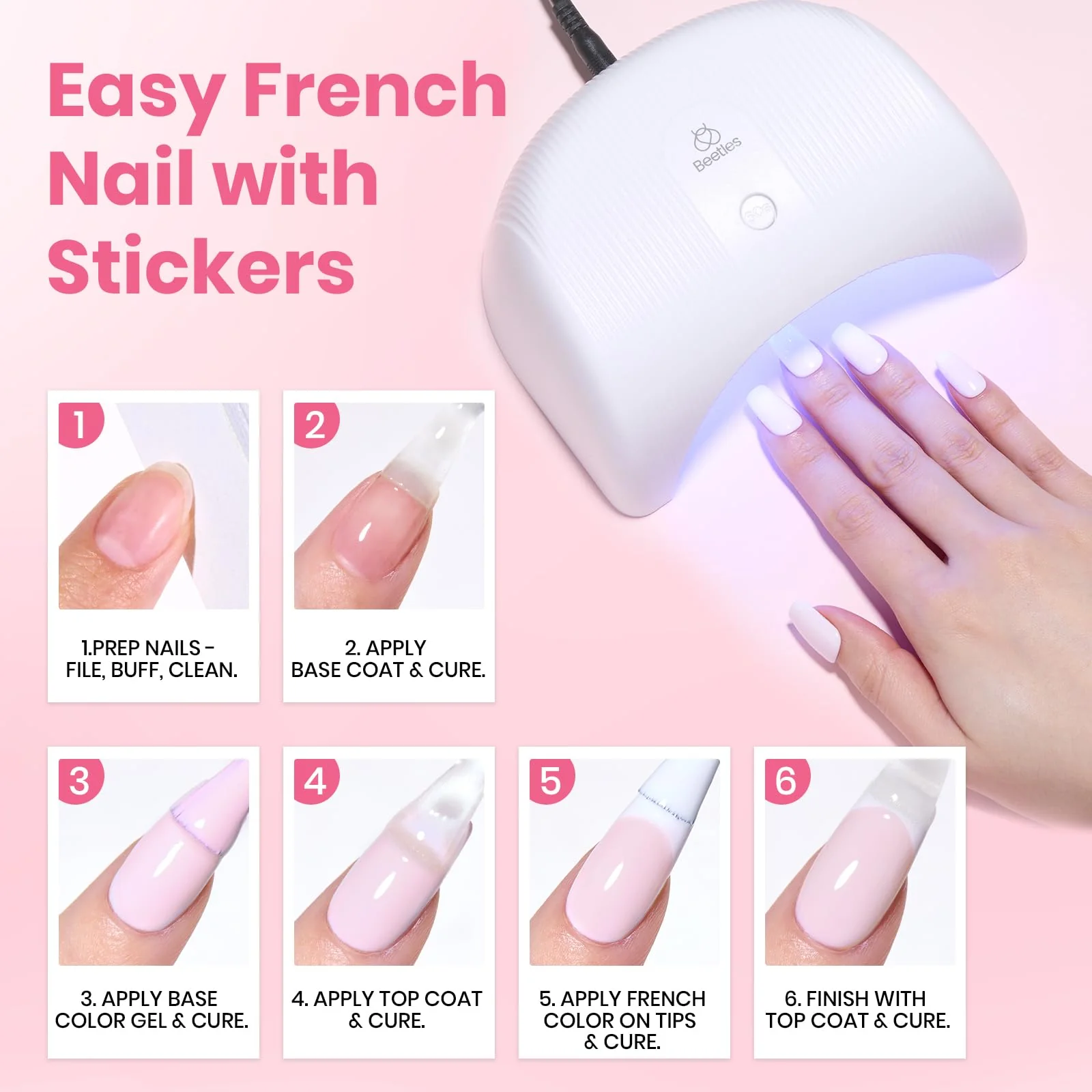 Beetles Pastel Gel Polish Set - Petal Ivory, 4Pcs White & Pink Gel Nail Polish with Base Coat Top Coat, Soak Off UV LED Lamp French Nails Art for Spring Nails - Image 7
