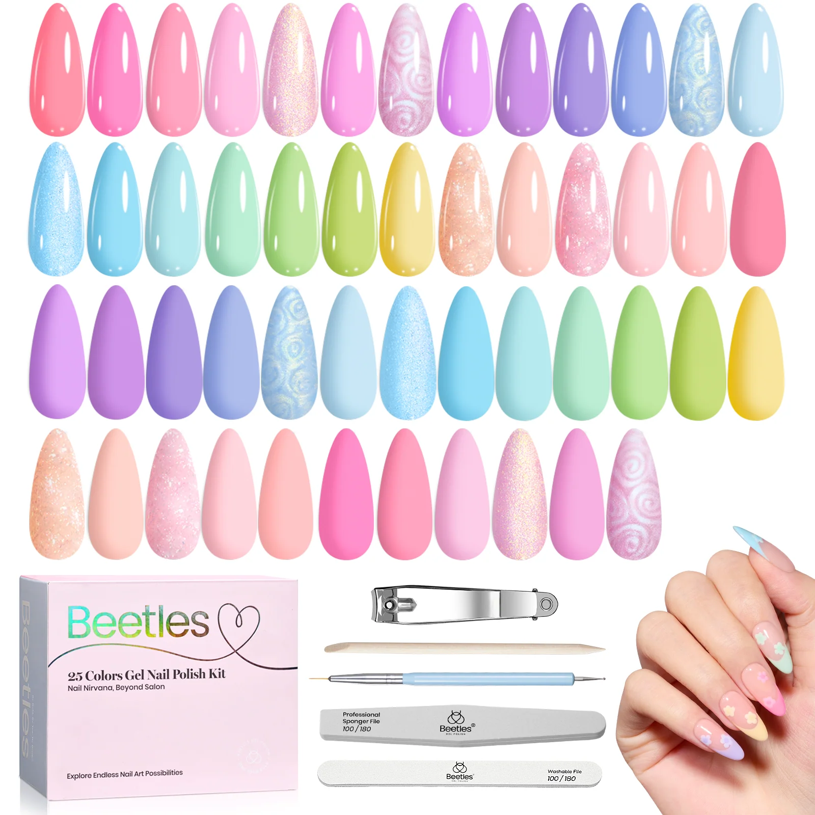 Beetles Pastel Gel Polish Set - Summer Nails Rainbow Dreamscape 25 Colors Gel Polish Kit with Base Coat&Top Coat