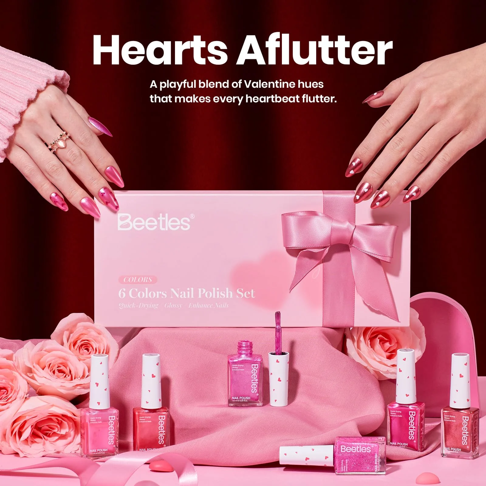 Beetles Pink Nail Polish Set - Hearts Aflutter 6 Colors Hot Pink Red Quick Dry Light Pink Nails Polish Set - Image 2