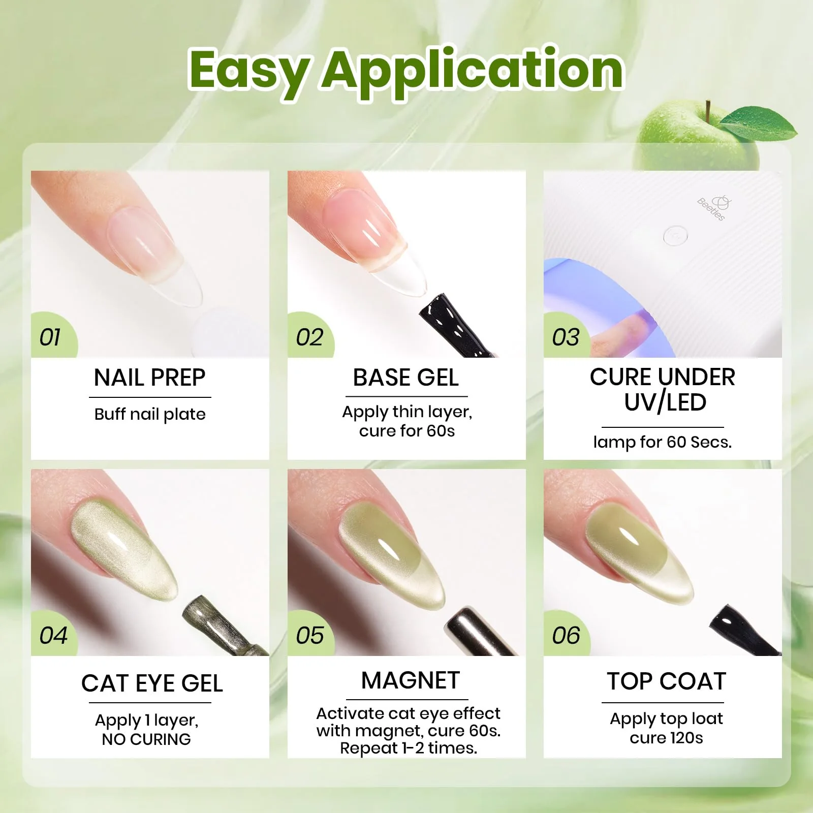 Beetles Pistachio Gleam Green Cat Eye Gel Nail Polish - 15ML Gel Polish Light Green Cat Eye - Image 2