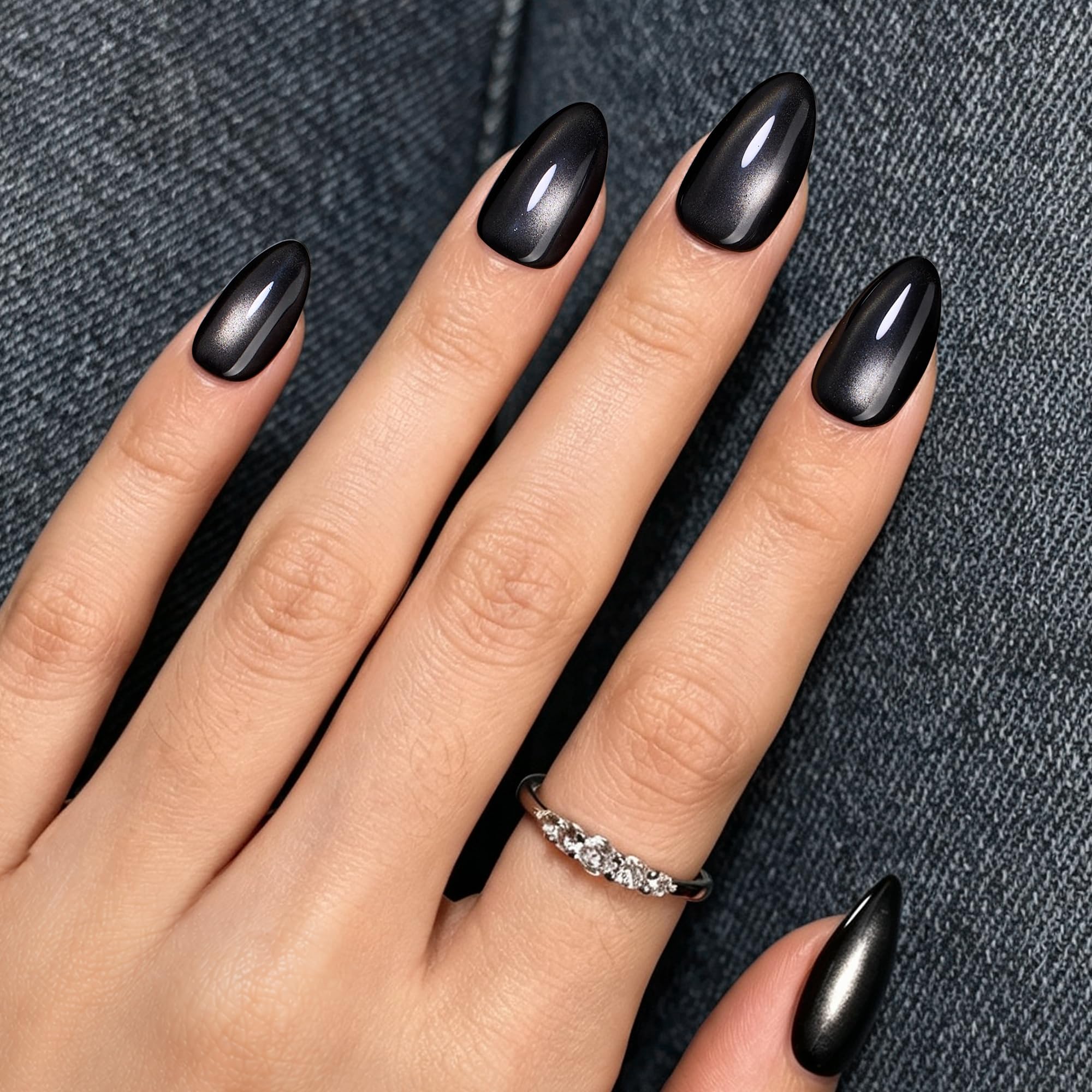 Beetles Pre-designed Cat-Eye tips Black Press On Nails 96 Pcs Matte Short Almond 16 Sizes - Image 2