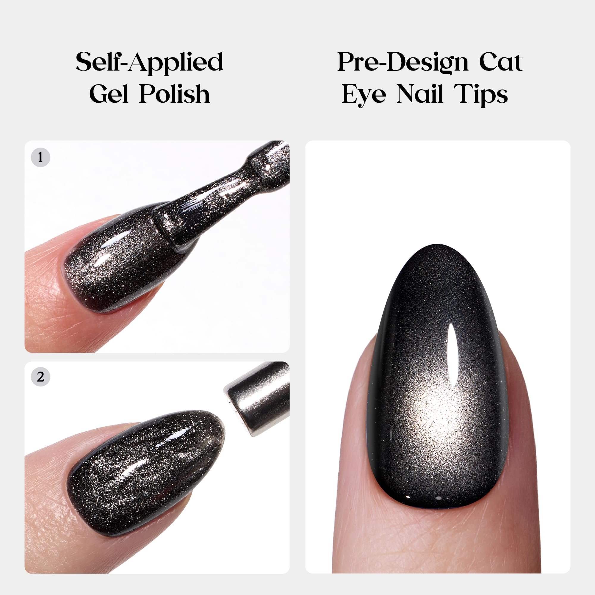 Beetles Pre-designed Cat-Eye tips Black Press On Nails 96 Pcs Matte Short Almond 16 Sizes - Image 4