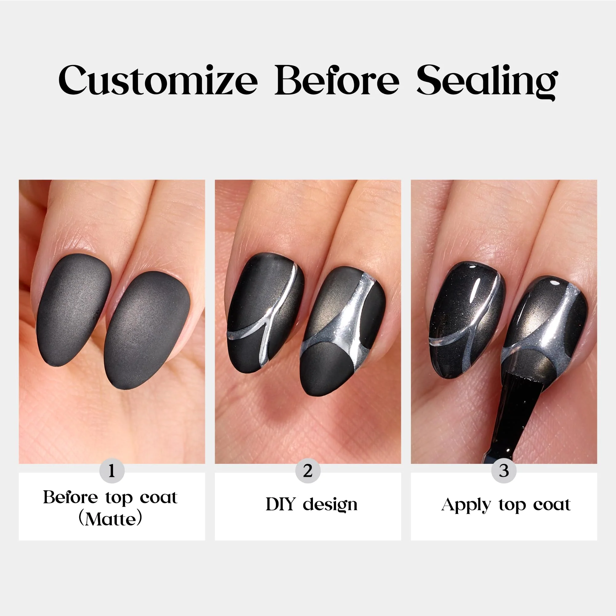 Beetles Pre-designed Cat-Eye tips Black Press On Nails 96 Pcs Matte Short Almond 16 Sizes - Image 7