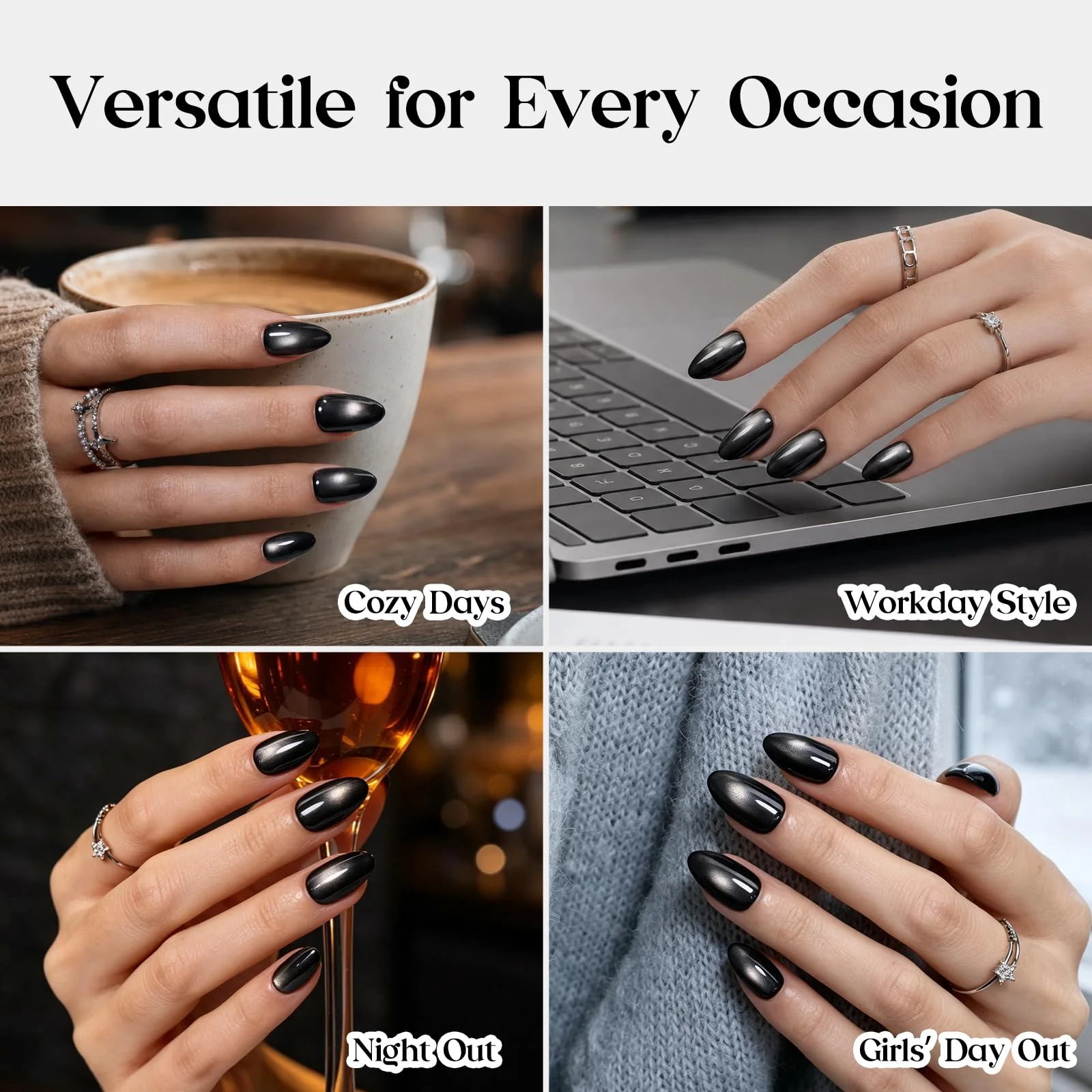 Beetles Pre-designed Cat-Eye tips Black Press On Nails 96 Pcs Matte Short Almond 16 Sizes - Image 9
