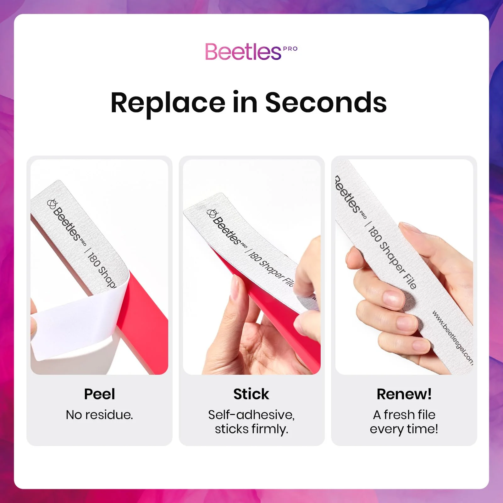 Beetles Pro 3-Pcs Nail File – Professional 1Pcs Reusable Peel and Stick File Core with 2Pcs 100/180 Grit Nail Files - Image 6
