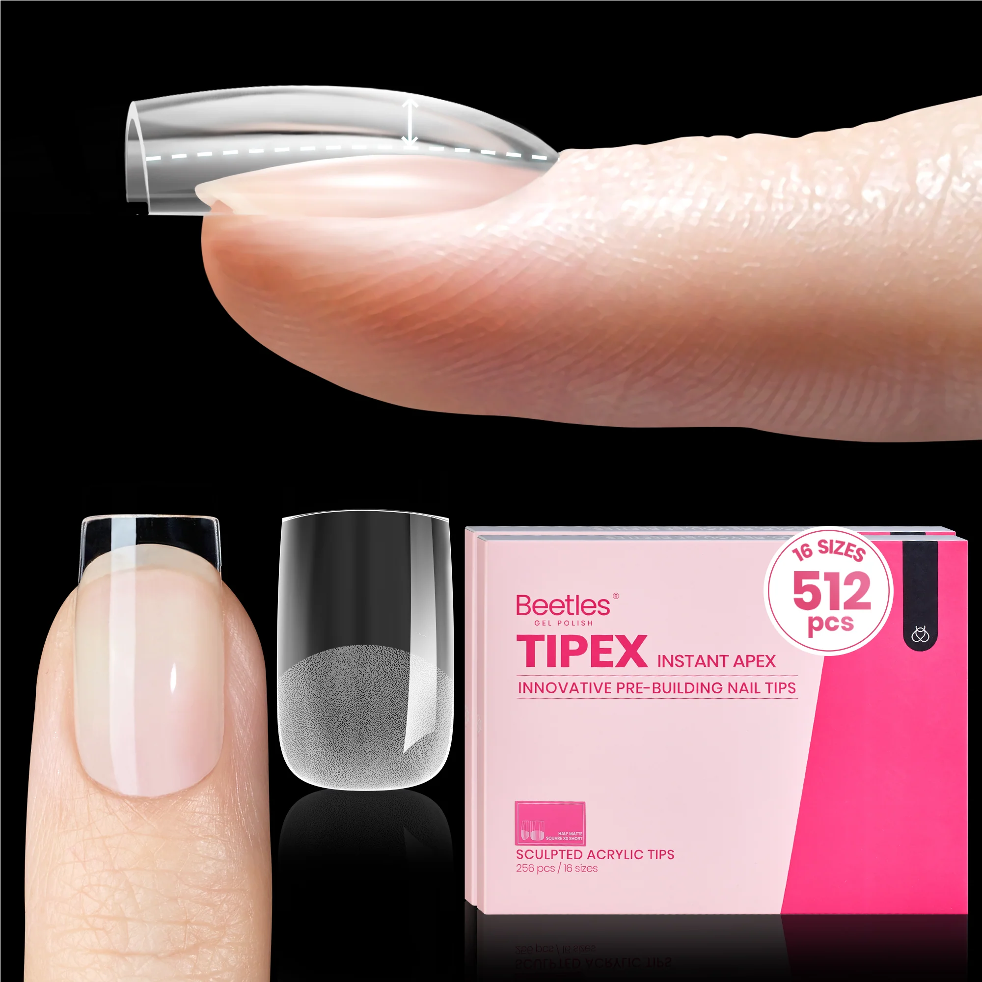 Beetles Pro Tipex Instant Apex Nail Tips 512pcs Short Square Thicker Strong Acrylic Tips for DIY Salon-look Extensions