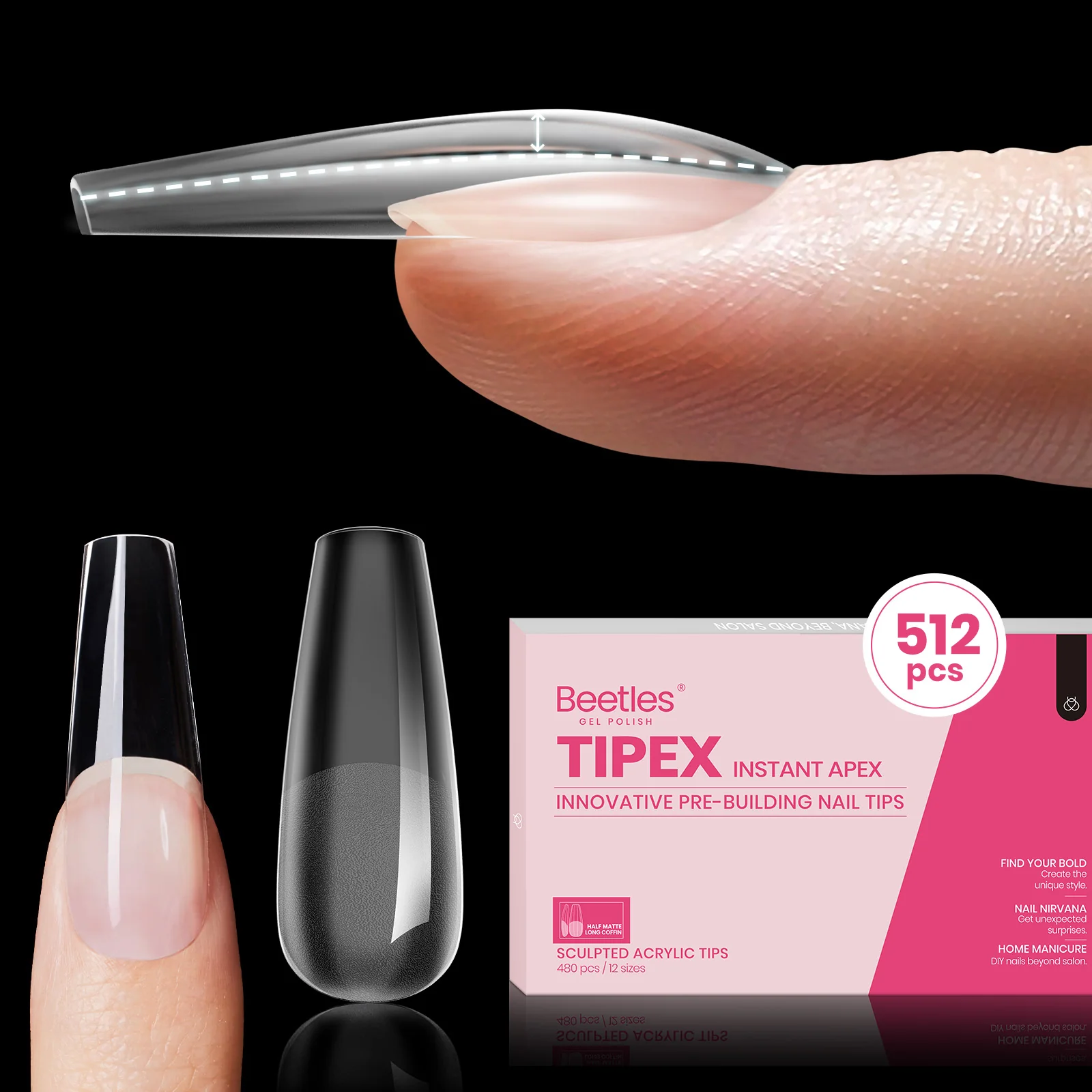 Beetles Pro Tipex Instant Apex Nail Tips, Long Coffin 512pcs, Thicker Strong Acrylic Tips for DIY Salon-look Extensions