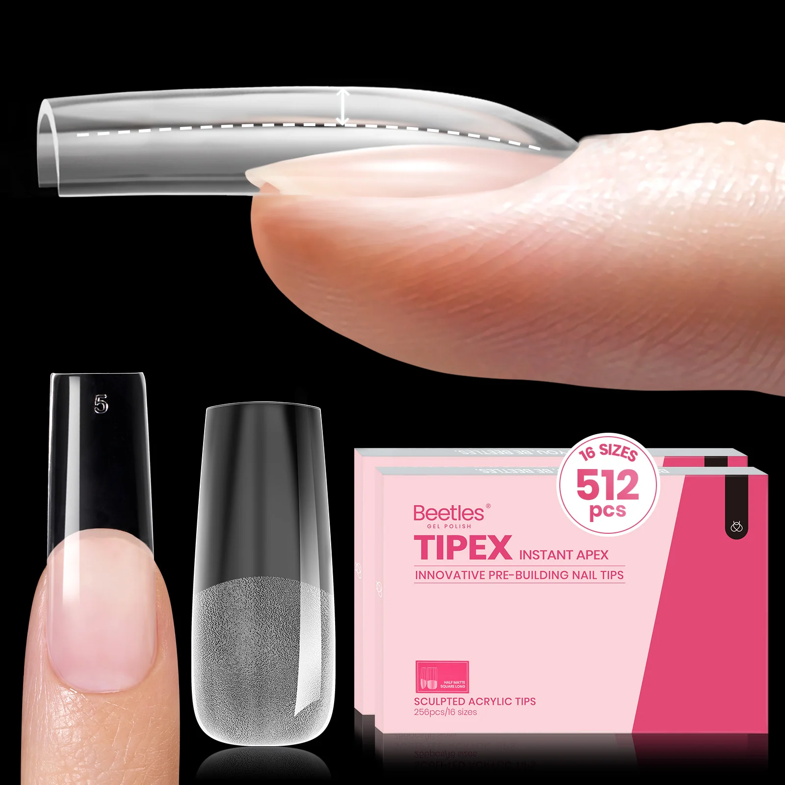Beetles Pro Tipex Instant Apex Nail Tips, Long Square 512pcs, Thicker Strong Acrylic Tips for DIY Salon-look Extensions