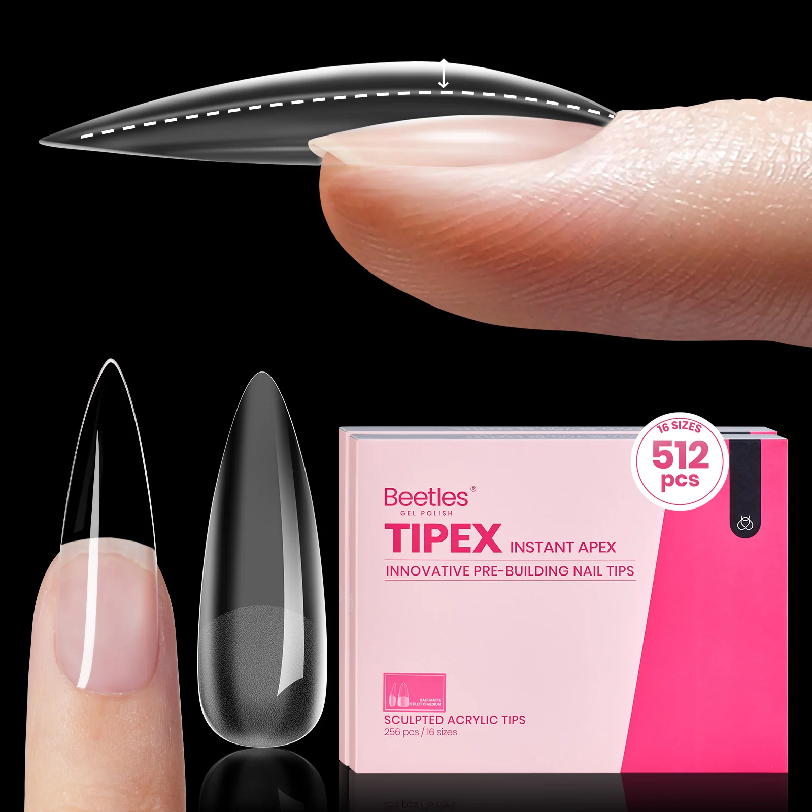 Beetles Pro Tipex Instant Apex Nail Tips, Long Stiletto 512pcs, Thicker Strong Acrylic Tips for DIY Salon-look Extensions