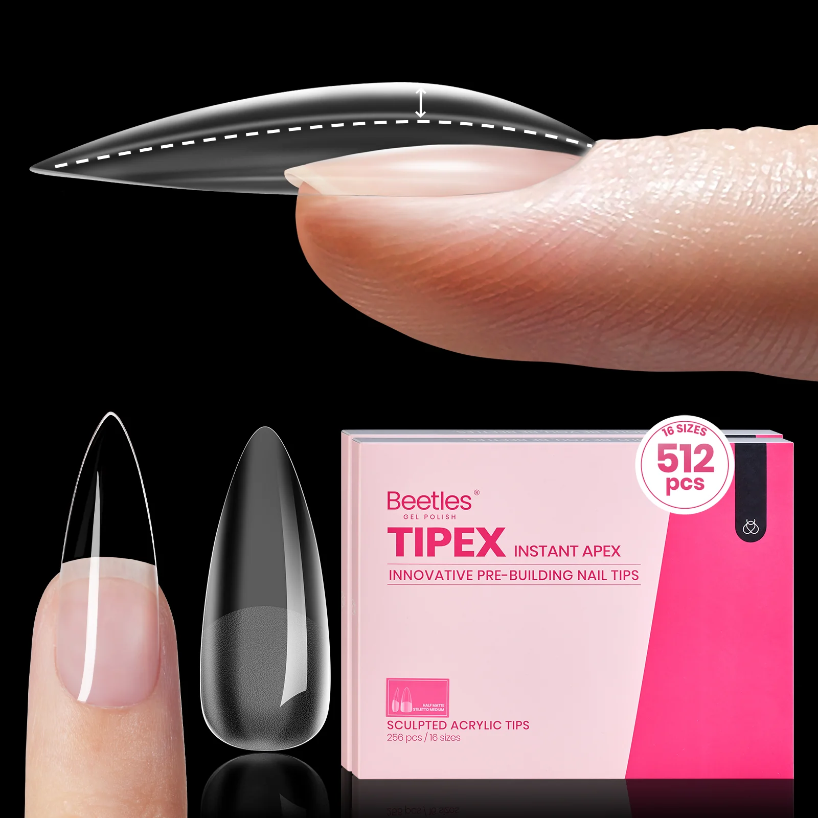 Beetles Pro Tipex Instant Apex Nail Tips, Medium Stiletto 512pcs, Thicker Strong Acrylic Tips for DIY Salon-look Extensions