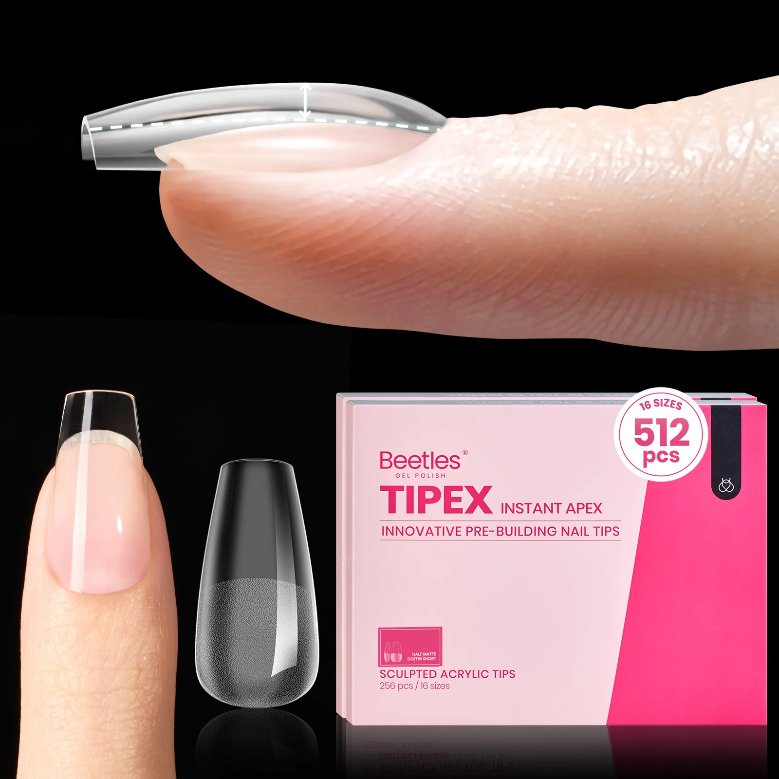 Beetles Pro Tipex Instant Apex Nail Tips, Short Coffin 512pcs, Thicker Strong Acrylic Tips for DIY Salon-look Extensions